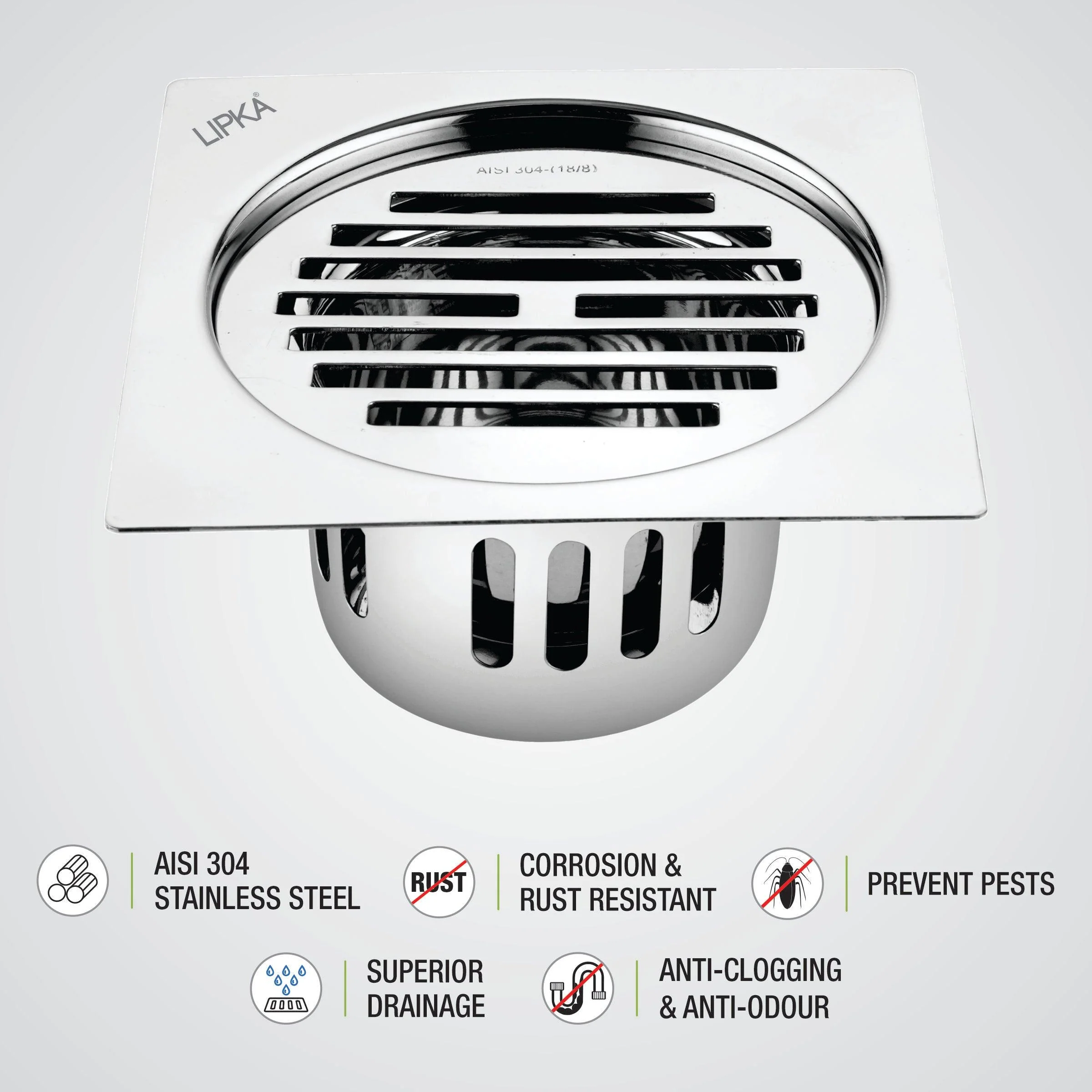Golden Classic Jali Square Flat Cut Floor Drain (5.5 x 5.5 Inches) with Cockroach Trap - LIPKA - Image 3