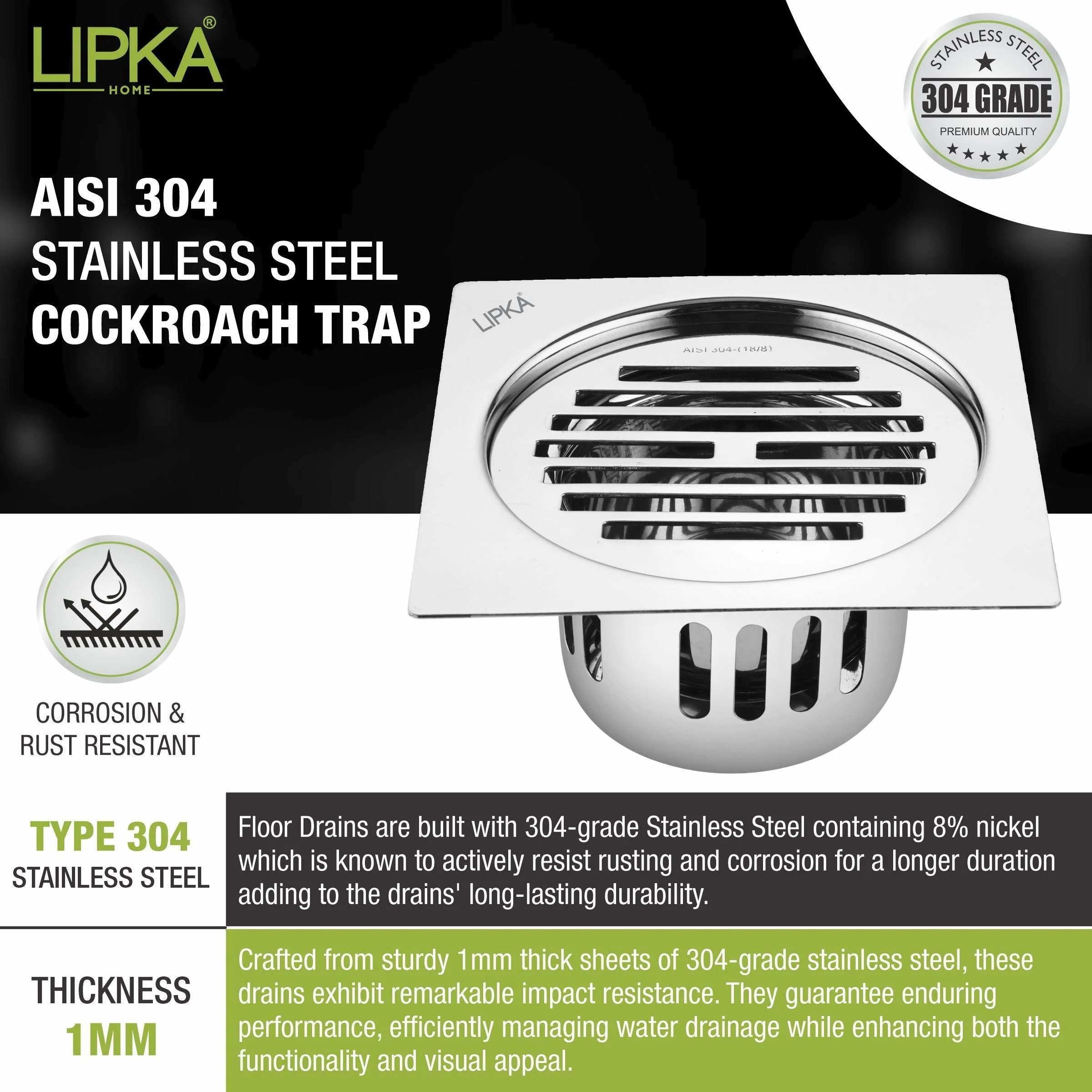 Golden Classic Jali Square Flat Cut Floor Drain (5.5 x 5.5 Inches) with Cockroach Trap - LIPKA - Image 4