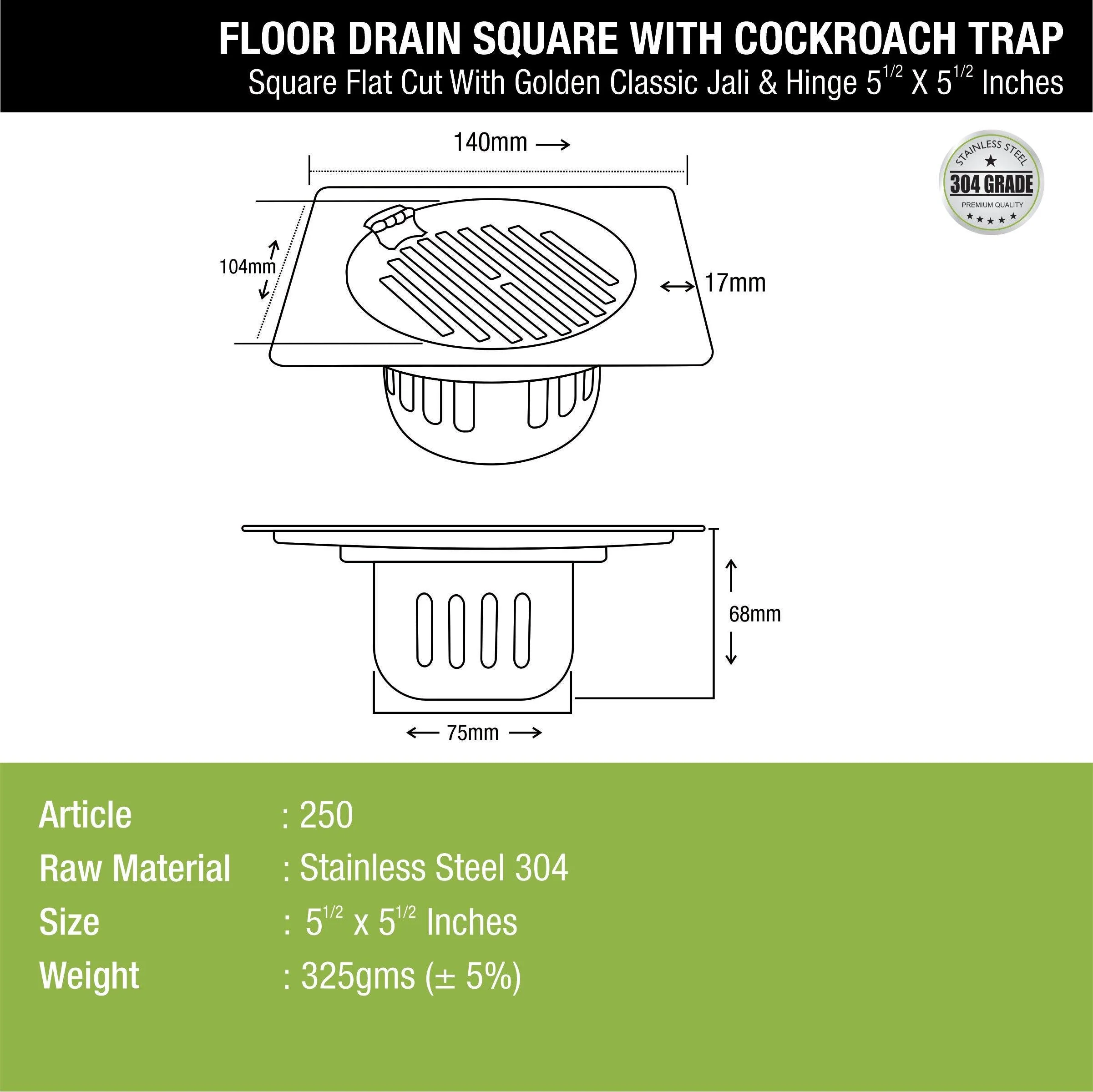 Golden Classic Jali Square Flat Cut Floor Drain (5.5 x 5.5 Inches) with Hinge and Cockroach Trap - LIPKA - Image 2