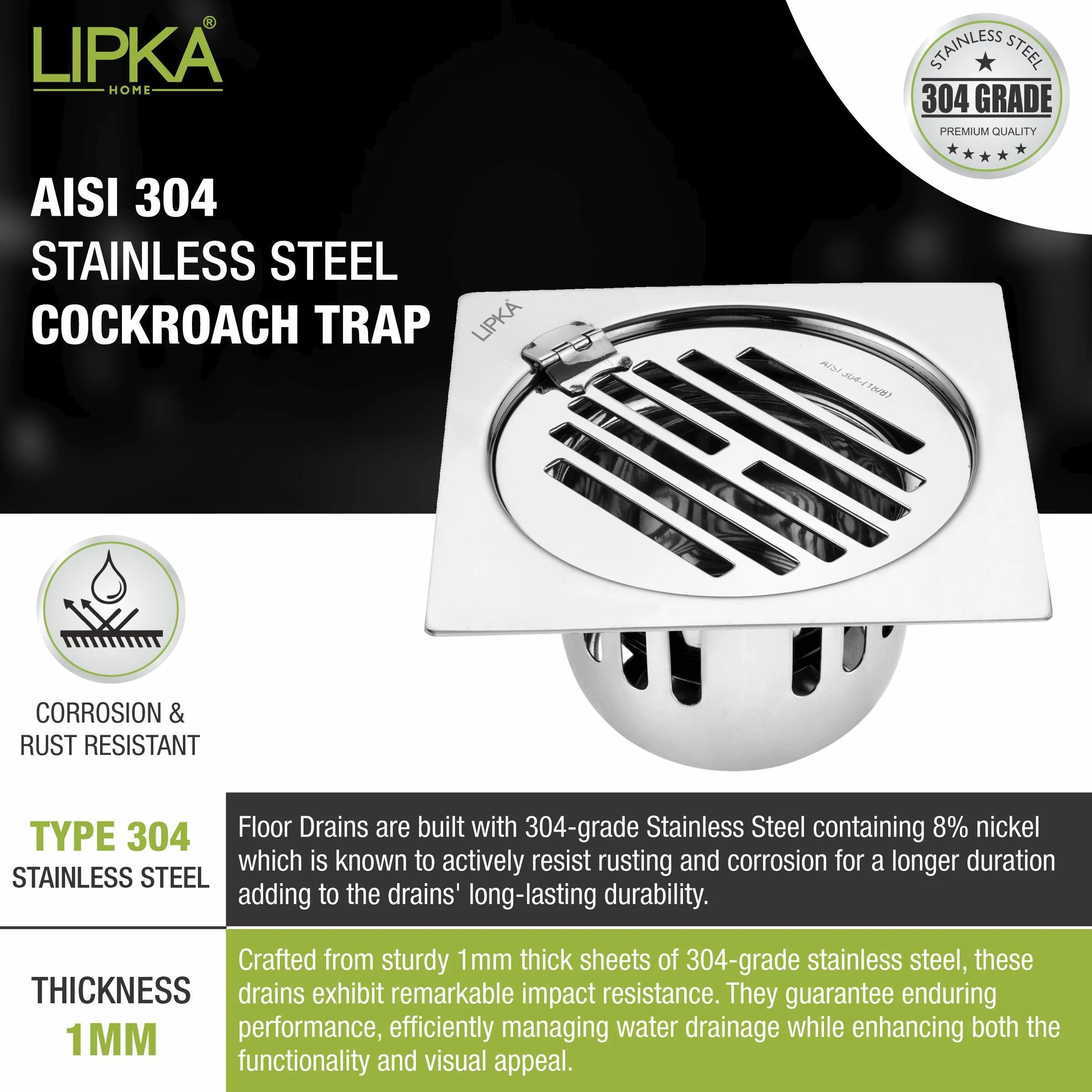 Golden Classic Jali Square Flat Cut Floor Drain (5.5 x 5.5 Inches) with Hinge and Cockroach Trap - LIPKA - Image 4