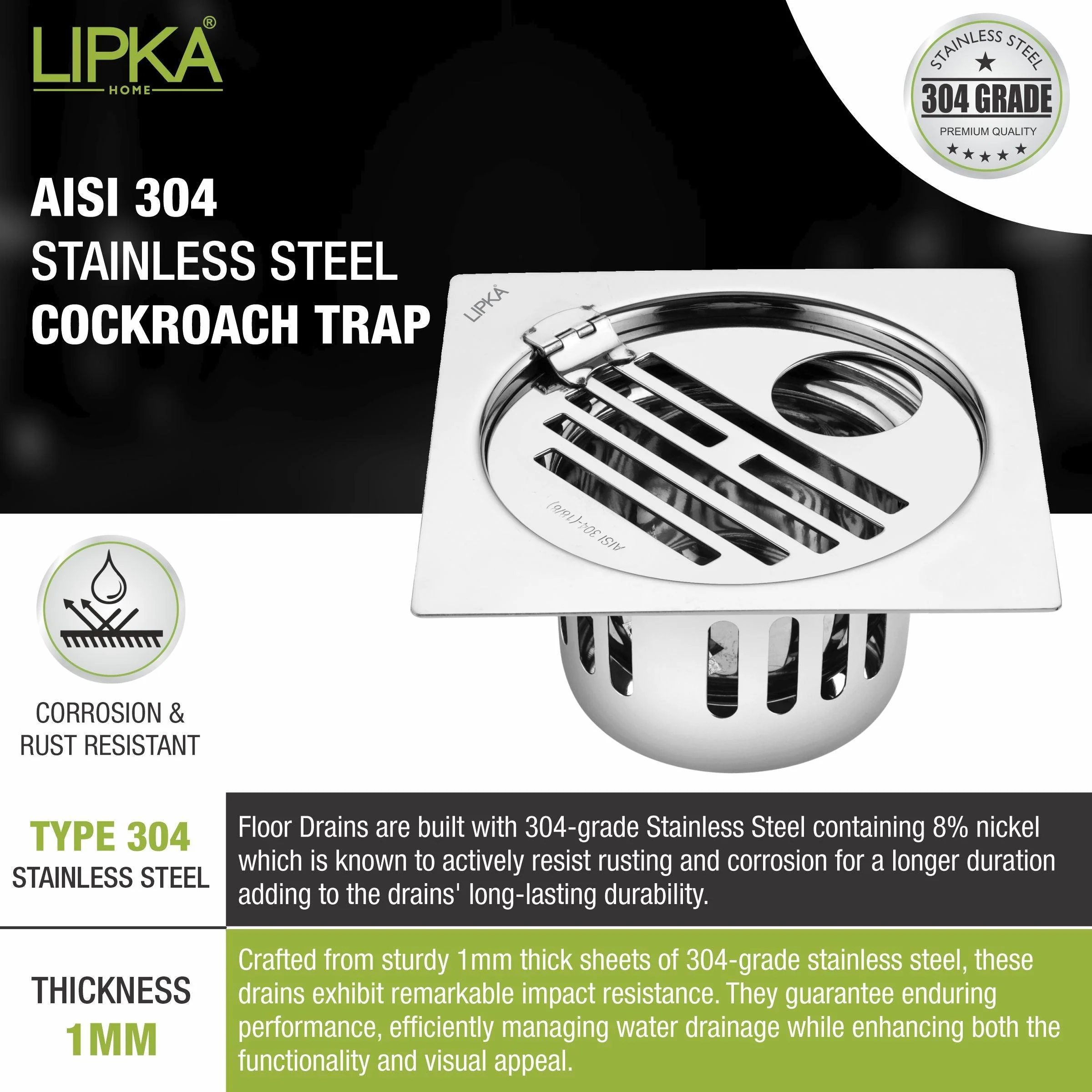 Golden Classic Jali Square Flat Cut Floor Drain (5.5 x 5.5 Inches) with Hinge, Hole and Cockroach Trap - LIPKA - Image 4