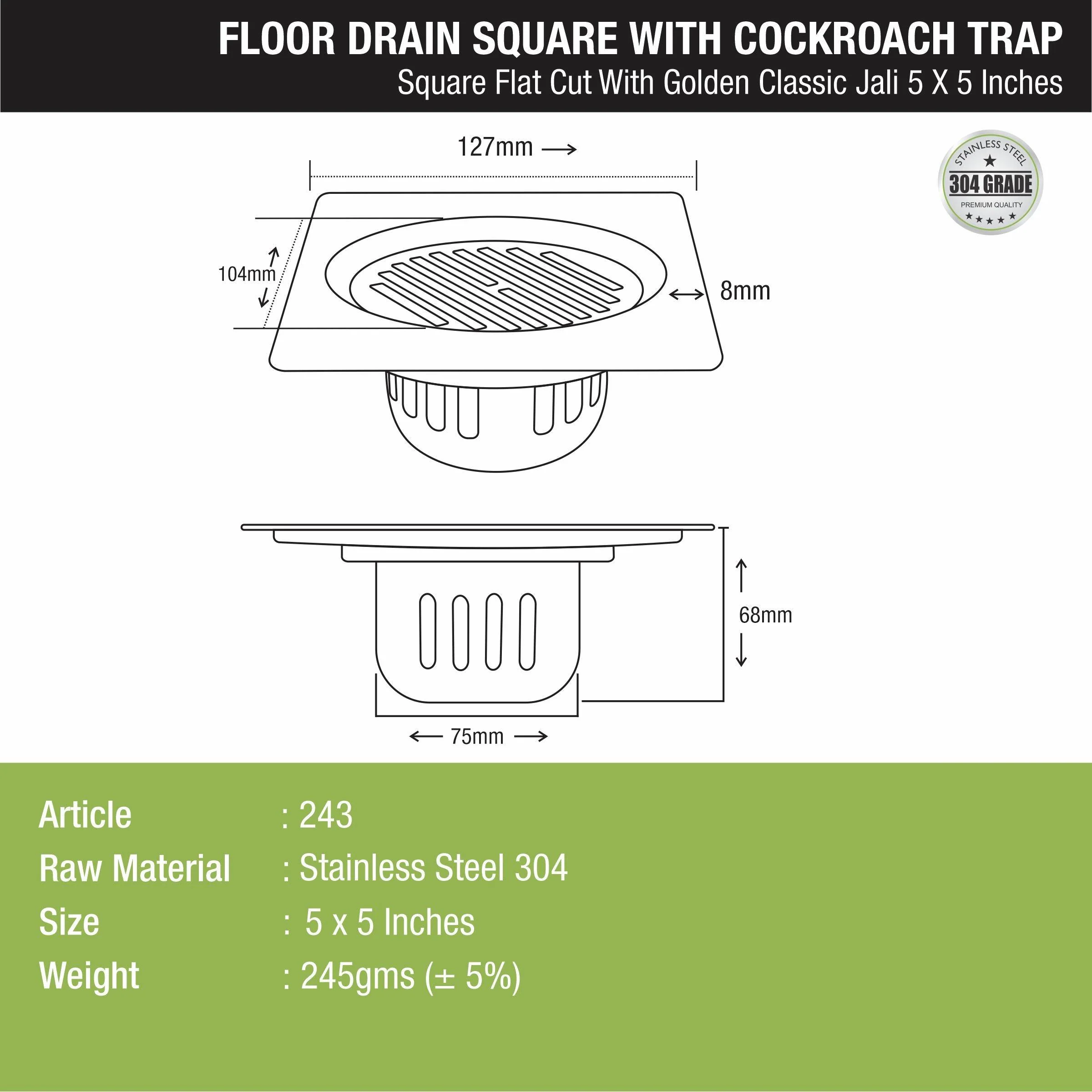 Golden Classic Jali Square Flat Cut Floor Drain (5 x 5 Inches) with Cockroach Trap - LIPKA - Image 2