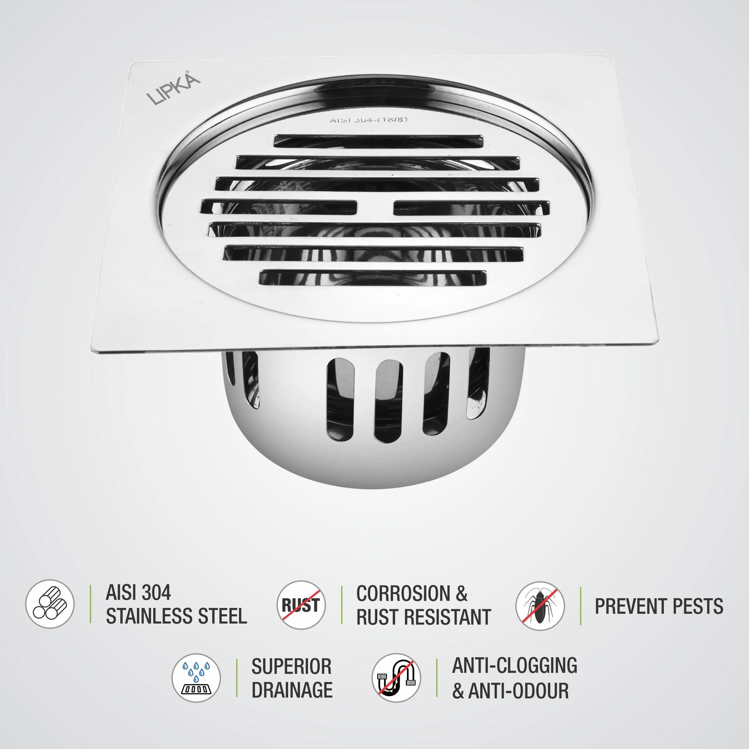 Golden Classic Jali Square Flat Cut Floor Drain (5 x 5 Inches) with Cockroach Trap - LIPKA - Image 3