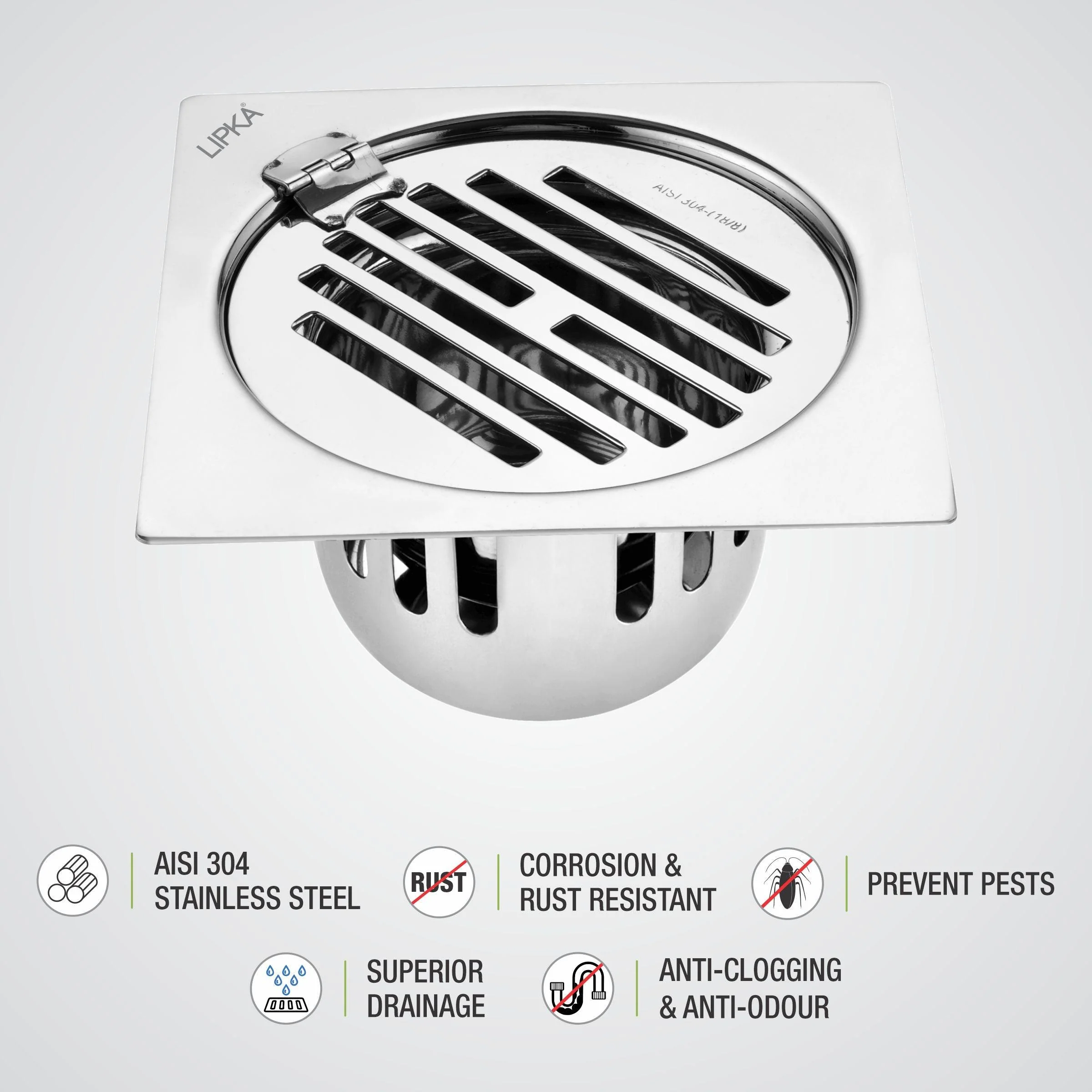 Golden Classic Jali Square Flat Cut Floor Drain (5 x 5 Inches) with Hinge and Cockroach Trap - LIPKA - Image 3