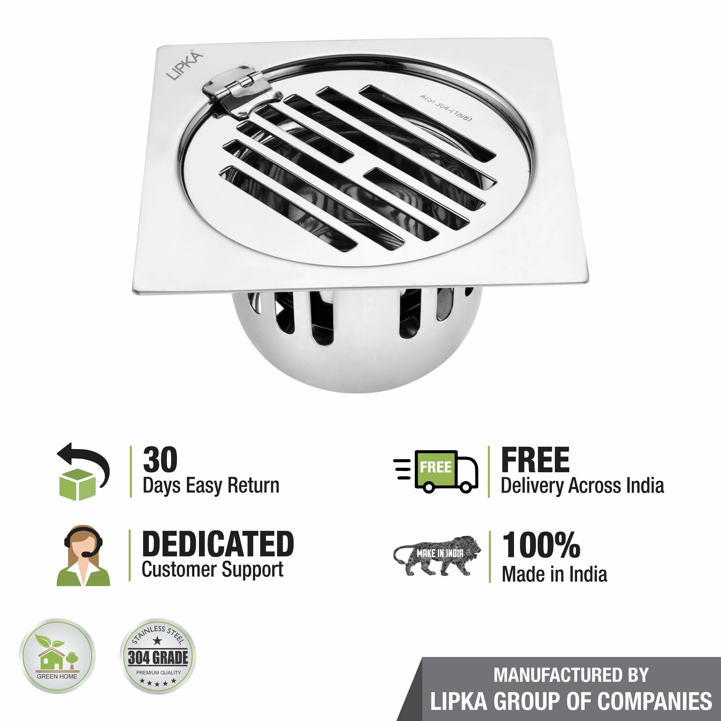 Golden Classic Jali Square Flat Cut Floor Drain (5 x 5 Inches) with Hinge and Cockroach Trap - LIPKA - Image 5