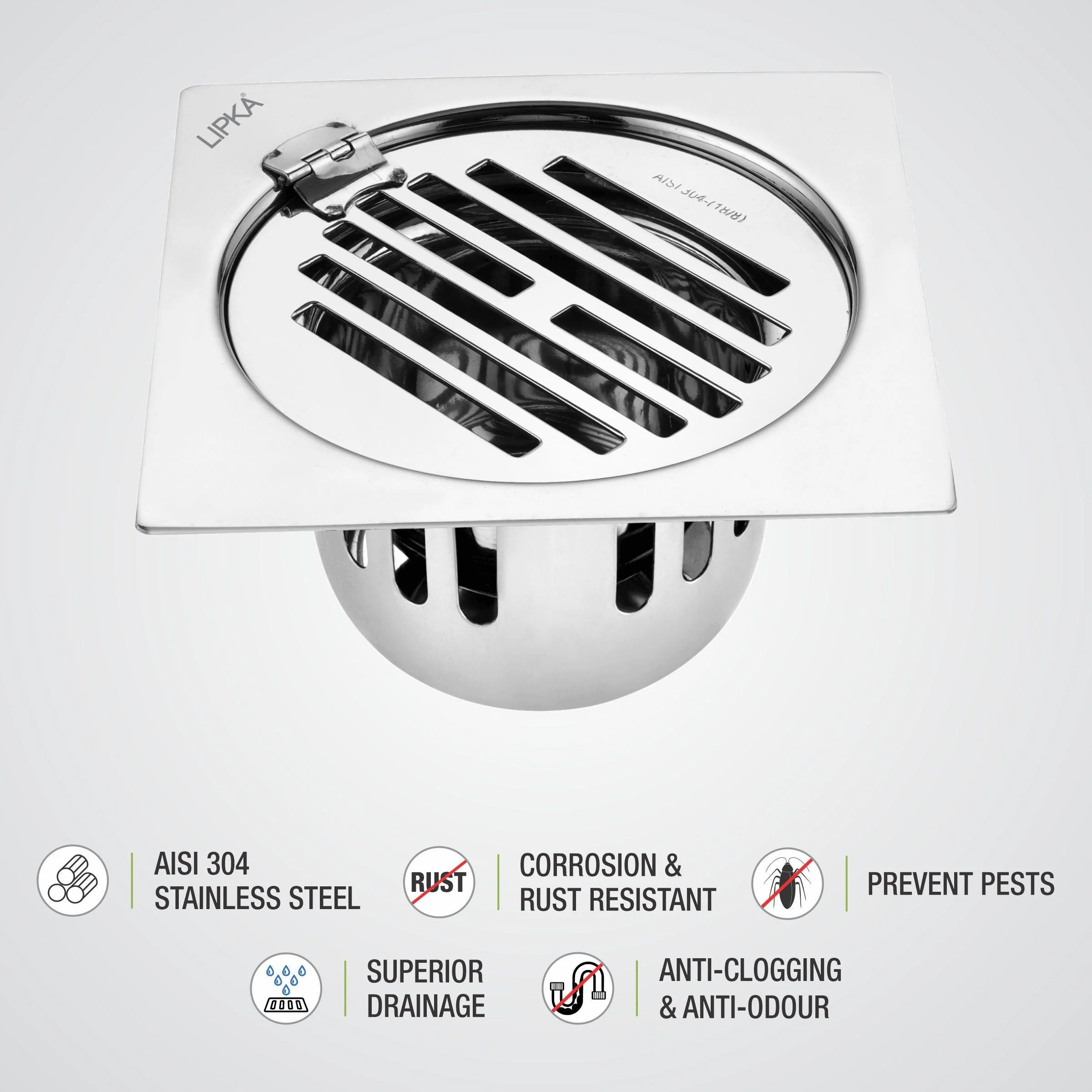 Golden Classic Jali Square Flat Cut Floor Drain (6 x 6 Inches) with Hinge and Cockroach Trap - LIPKA - Image 3