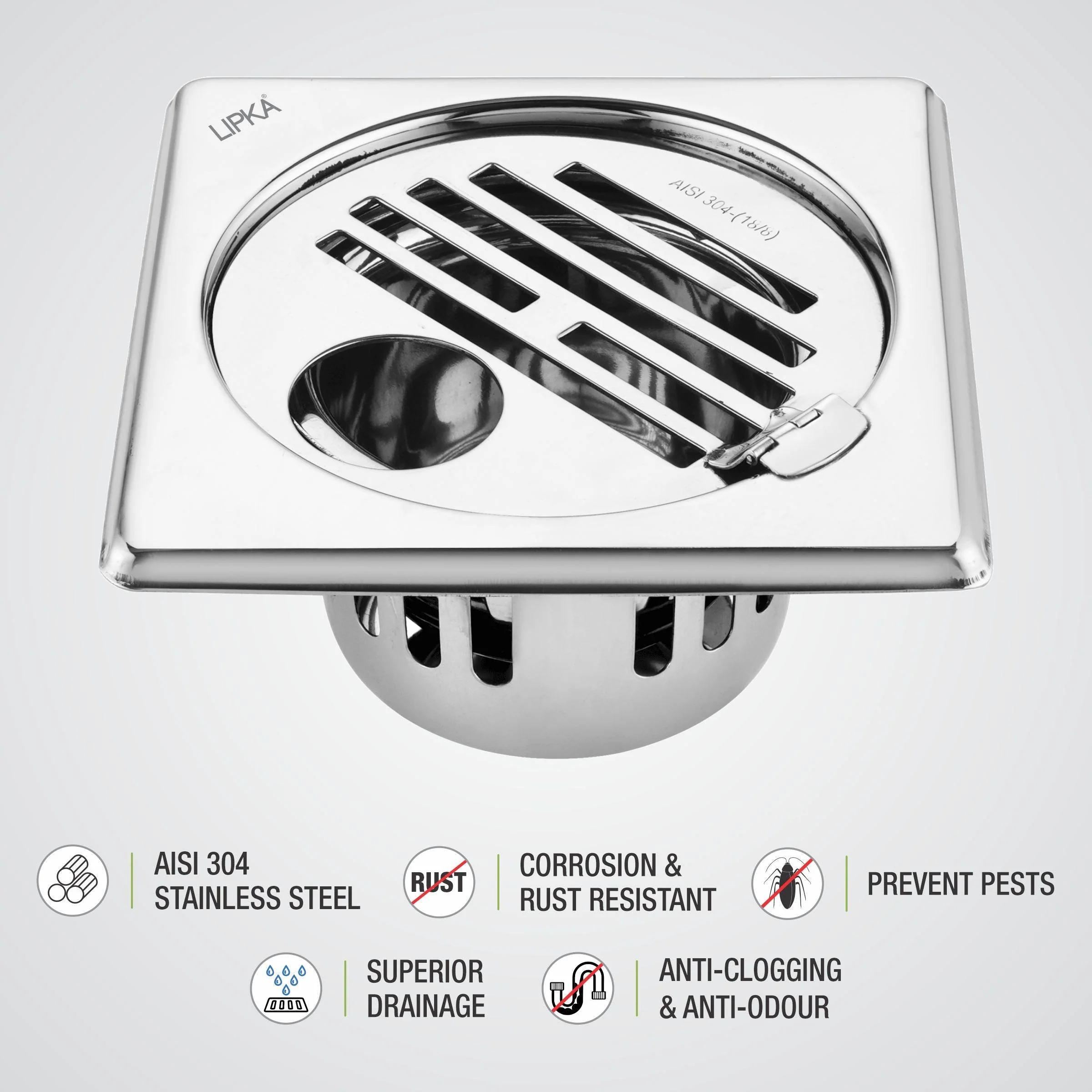 Golden Classic Jali Square Floor Drain (5 x 5 Inches) with Hinge, Hole and Cockroach Trap - LIPKA - Image 3