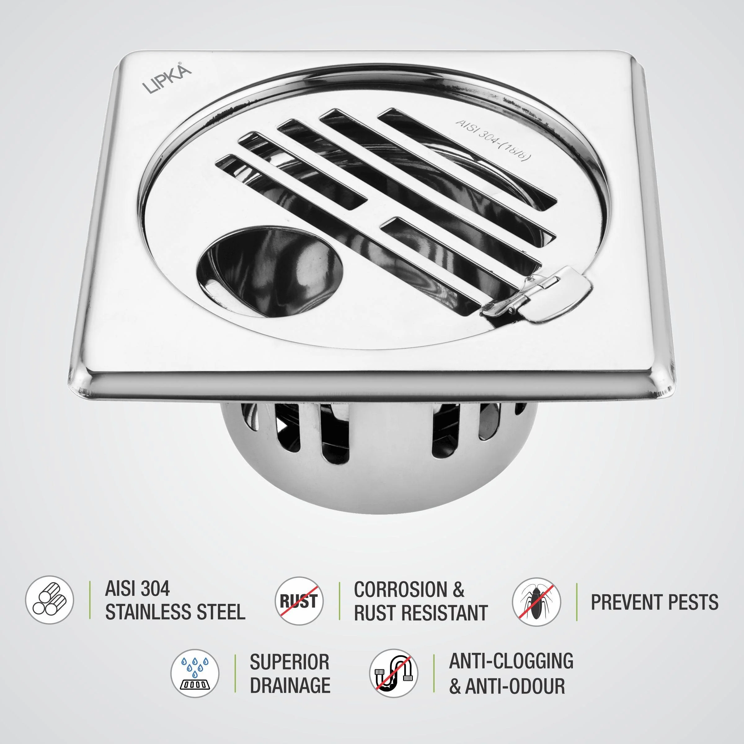 Golden Classic Jali Square Floor Drain (6 x 6 Inches) with Hinge, Hole and Cockroach Trap - LIPKA - Image 3