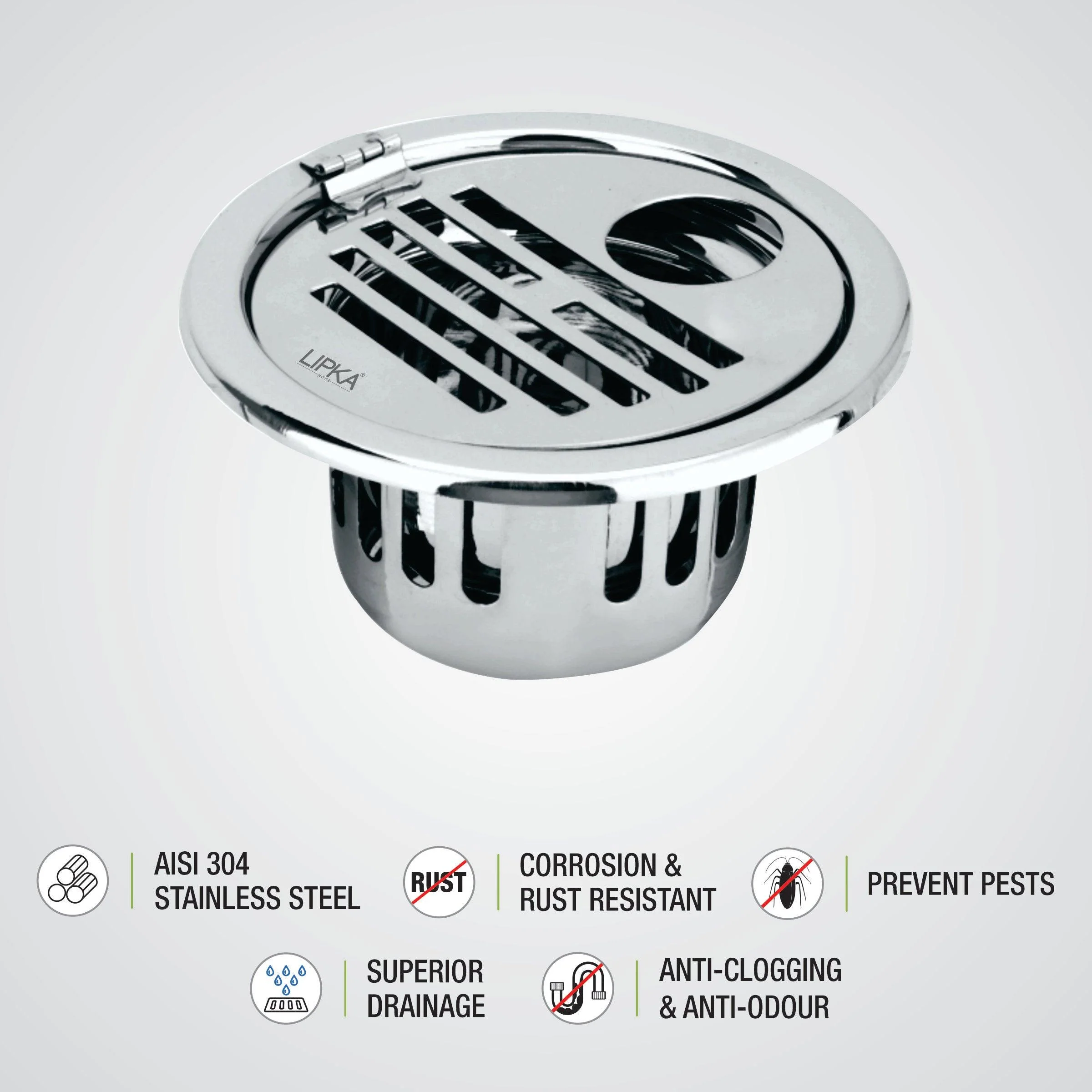 Golden Classic Jali Round Floor Drain (5 Inches) with Hinge, Hole and Cockroach Trap - LIPKA - Image 3
