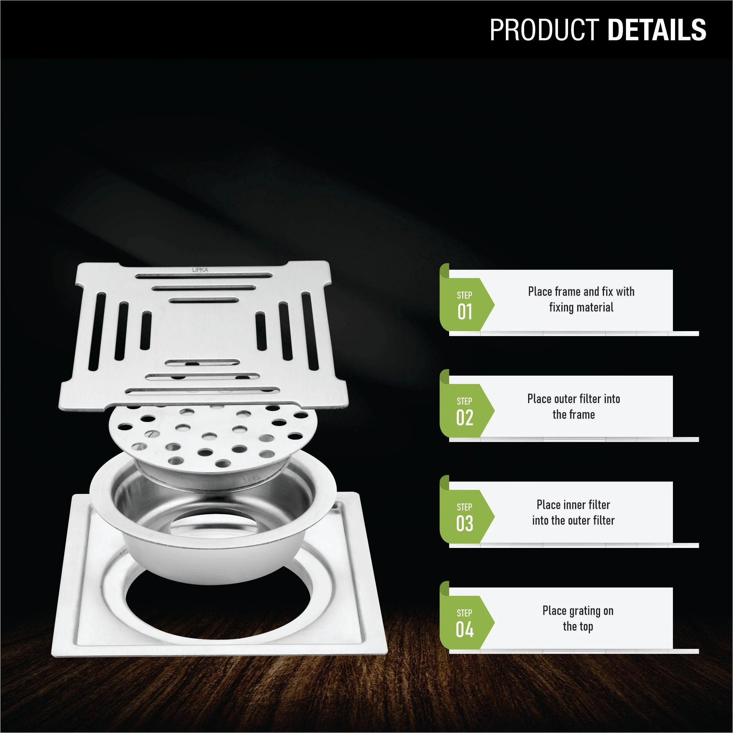 Green Exclusive Square Flat Cut Floor Drain (5 x 5 Inches) with Cockroach Trap - LIPKA - Image 3