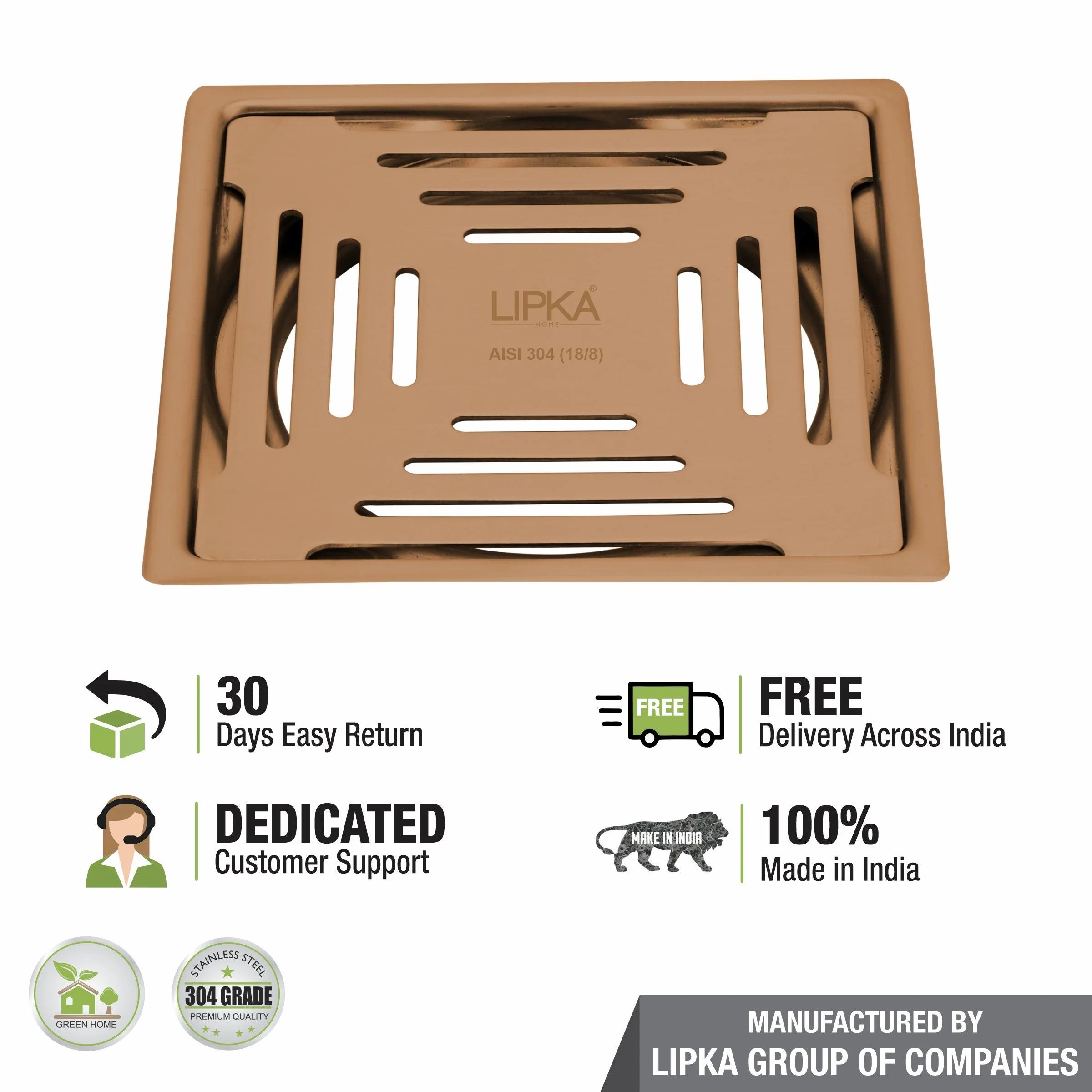 Green Exclusive Square Flat Cut Floor Drain in Antique Copper PVD Coating (5 x 5 Inches) - LIPKA - Image 4