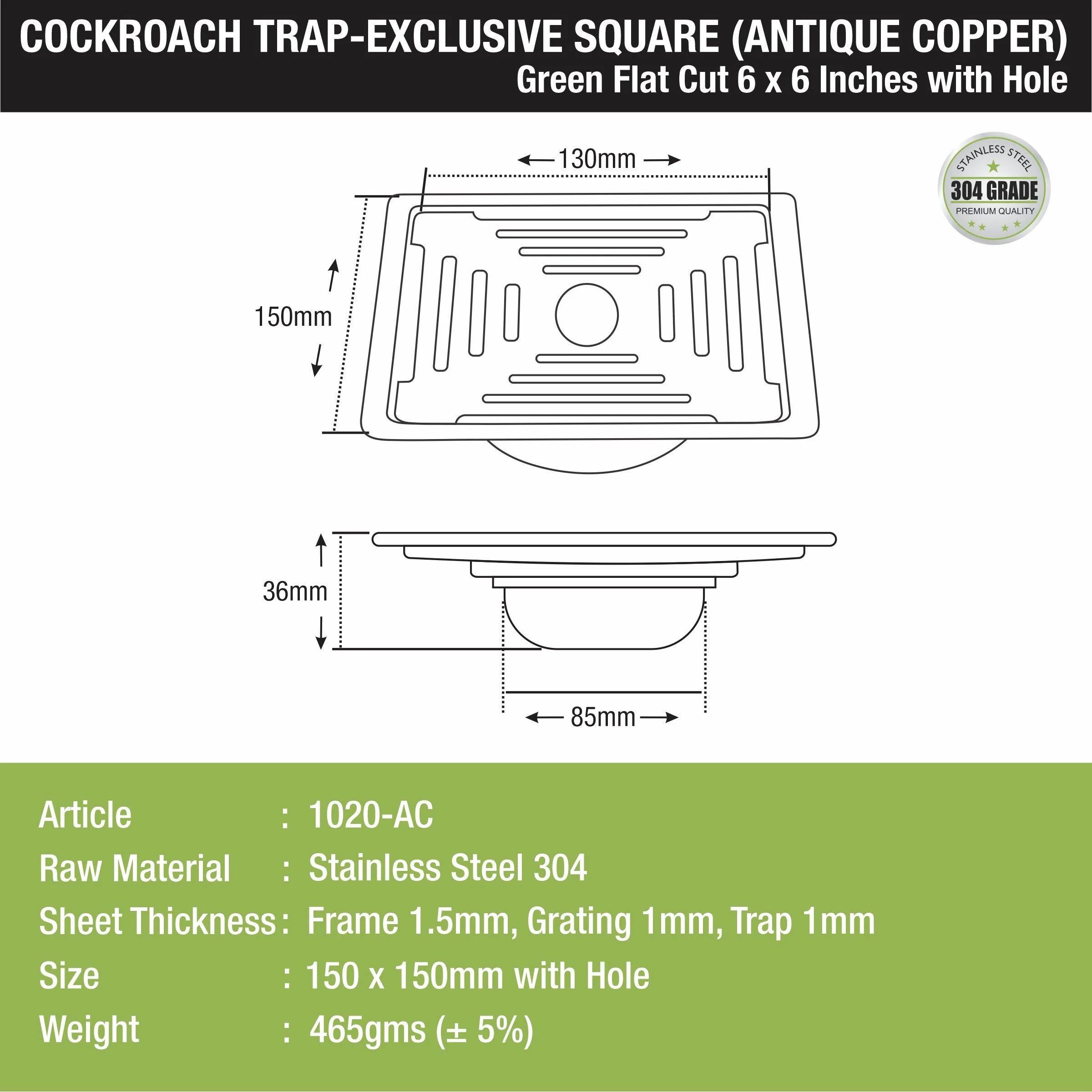 Green Exclusive Square Flat Cut Floor Drain in Antique Copper PVD Coating (6 x 6 Inches) with Hole & Cockroach Trap - LIPKA - Image 2