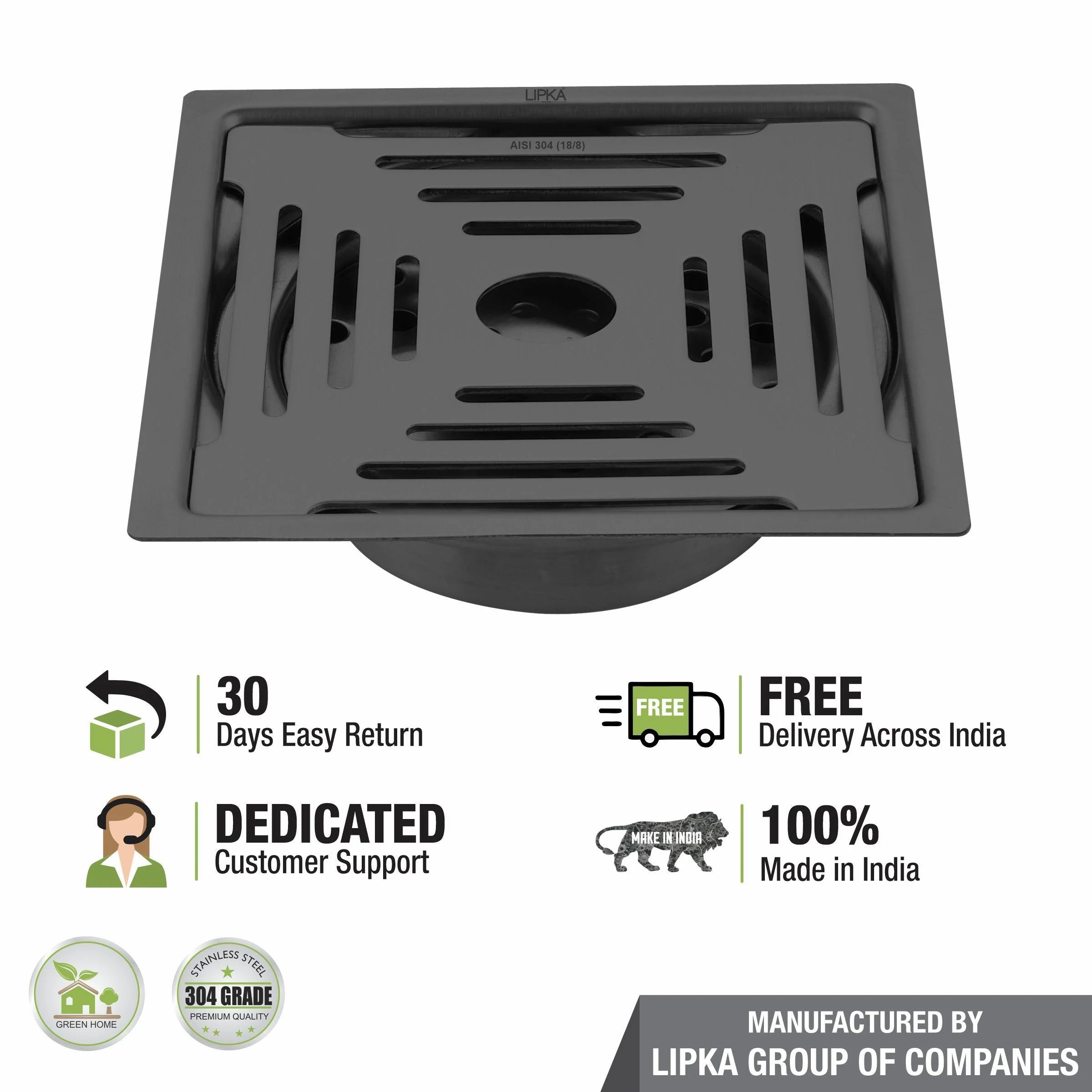 Green Exclusive Square Flat Cut Floor Drain in Black PVD Coating (6 x 6 Inches) with Hole & Cockroach Trap - LIPKA - Image 5