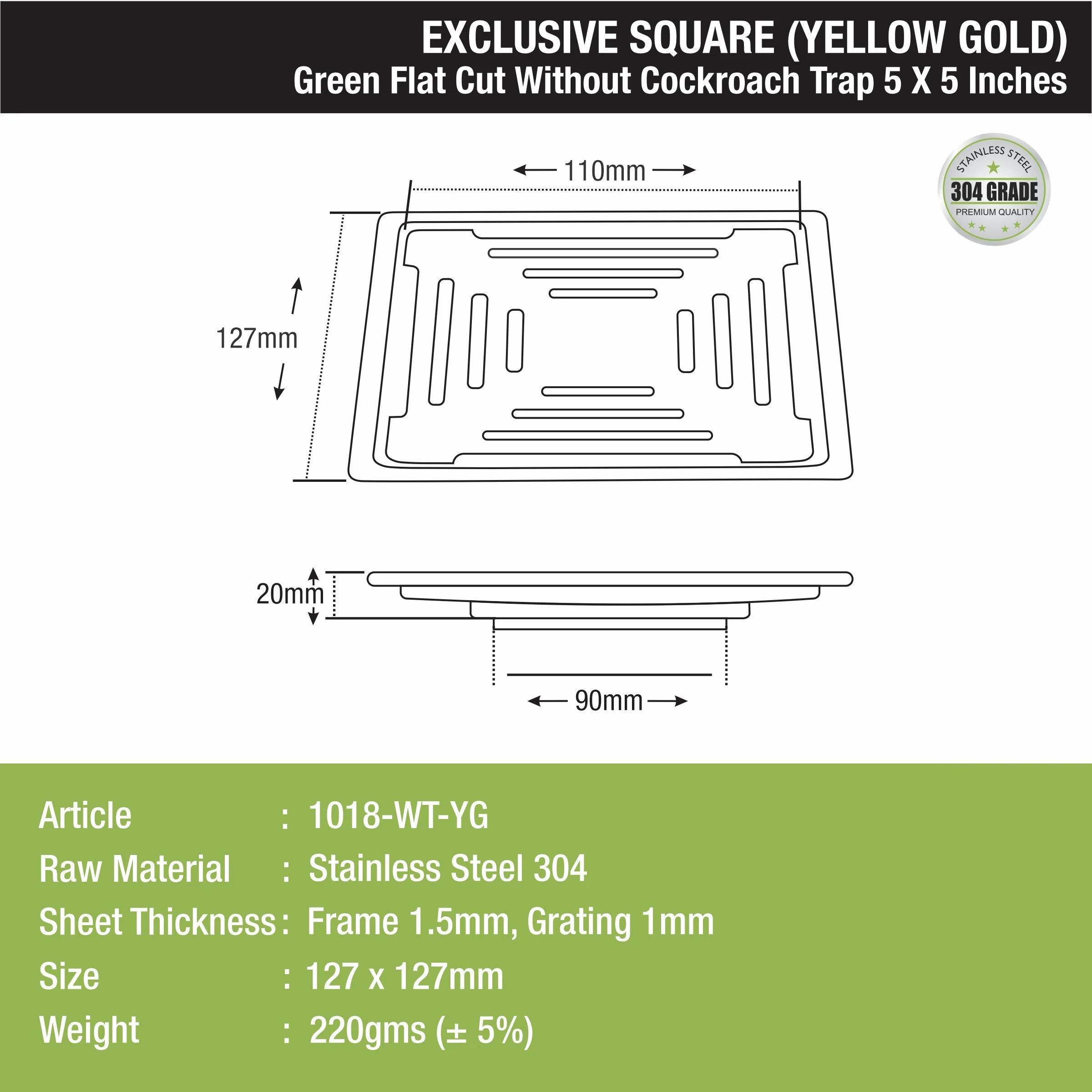 Green Exclusive Square Flat Cut Floor Drain in Yellow Gold PVD Coating (5 x 5 Inches) - LIPKA - Image 2