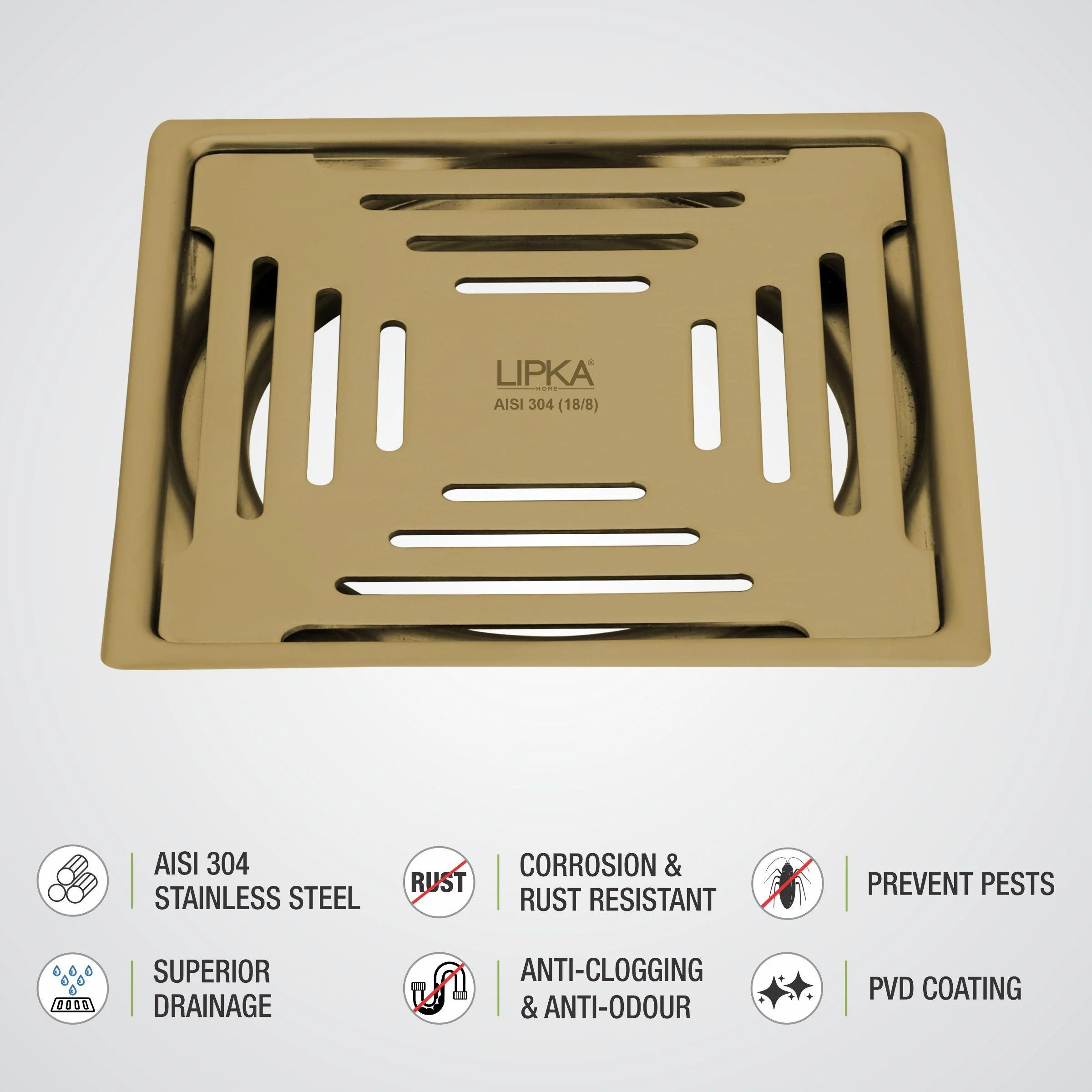 Green Exclusive Square Flat Cut Floor Drain in Yellow Gold PVD Coating (5 x 5 Inches) - LIPKA - Image 3