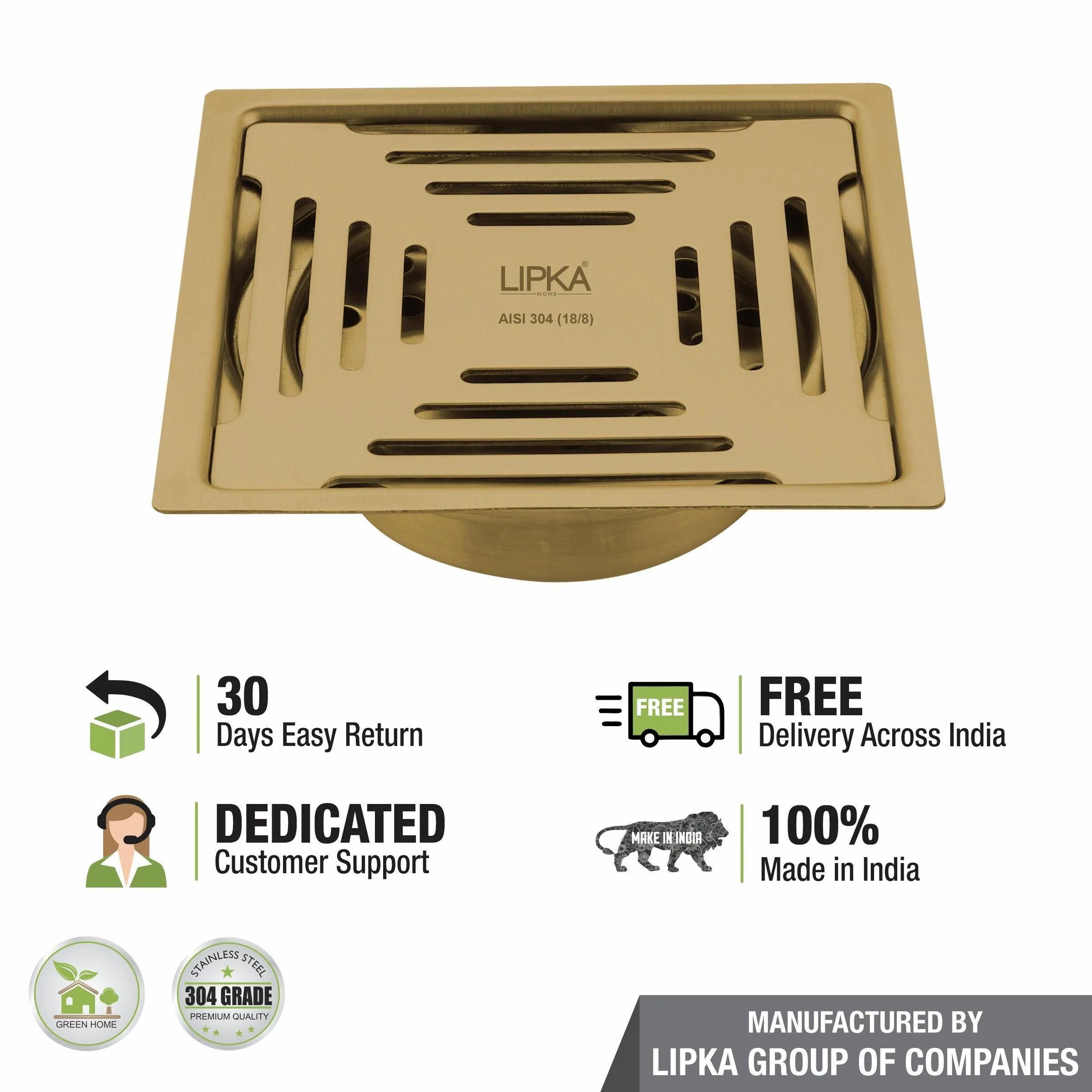 Green Exclusive Square Flat Cut Floor Drain in Yellow Gold PVD Coating (5 x 5 Inches) with Cockroach Trap - LIPKA - Image 6