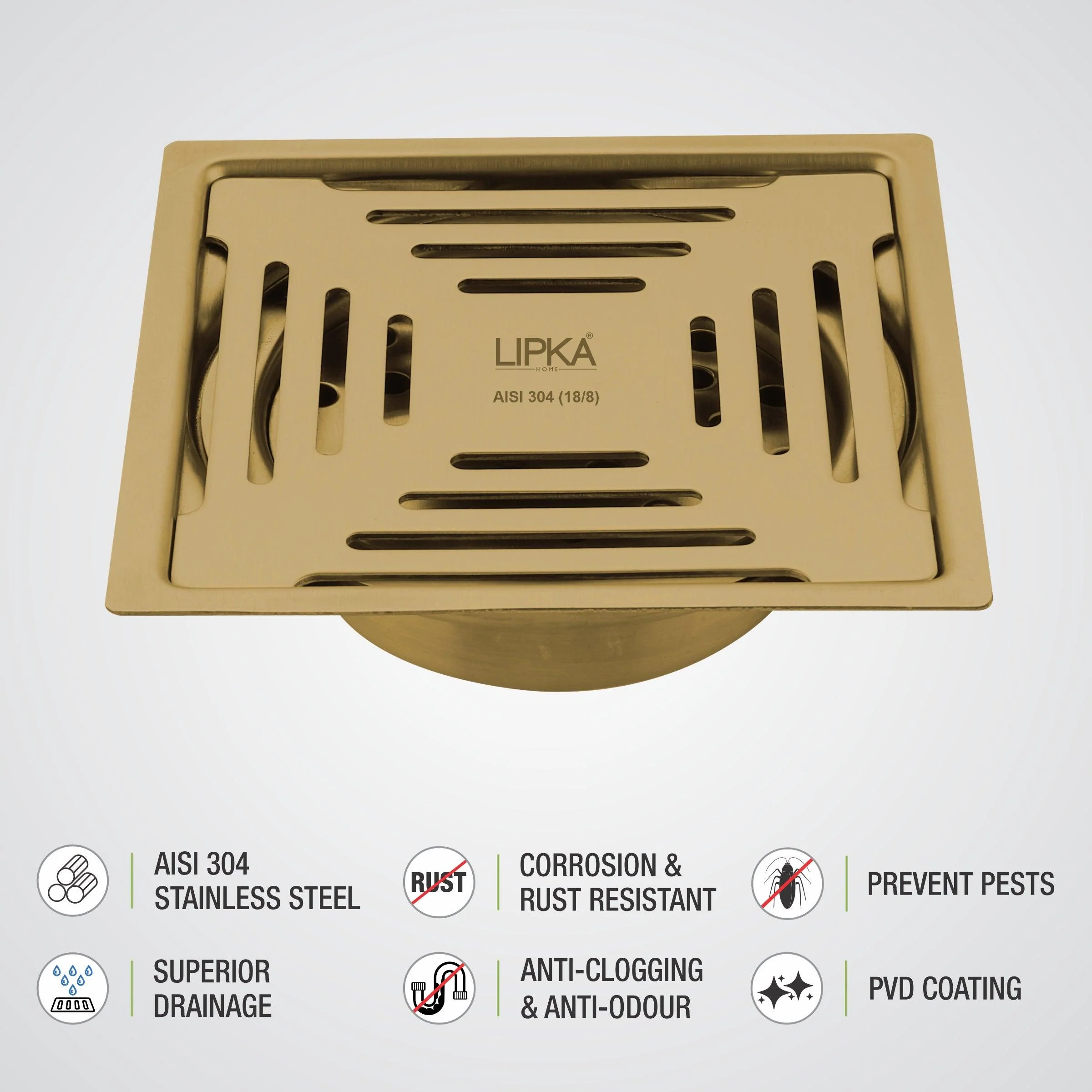 Green Exclusive Square Flat Cut Floor Drain in Yellow Gold PVD Coating (6 x 6 Inches) with Cockroach Trap - LIPKA - Image 4