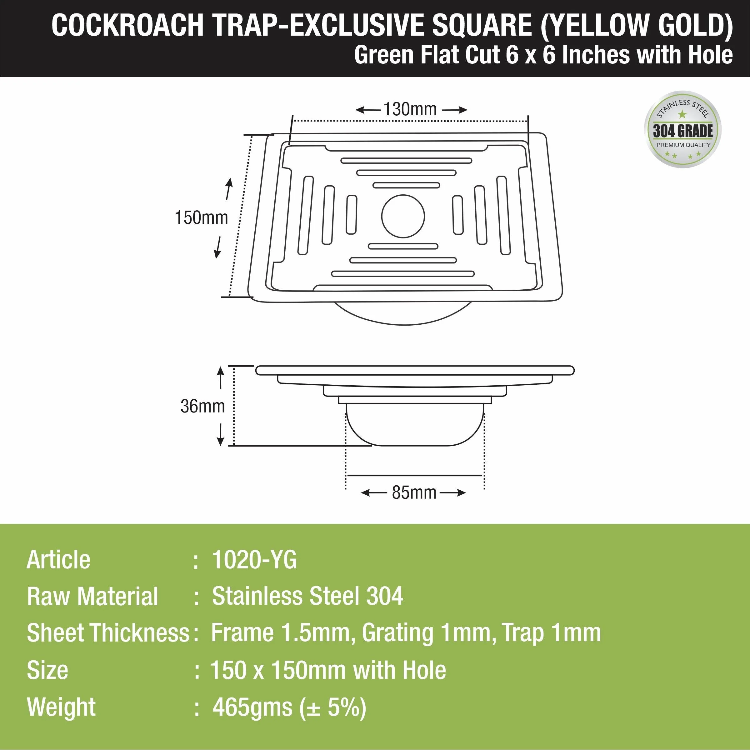 Green Exclusive Square Flat Cut Floor Drain in Yellow Gold PVD Coating (6 x 6 Inches) with Hole & Cockroach Trap - LIPKA - Image 2