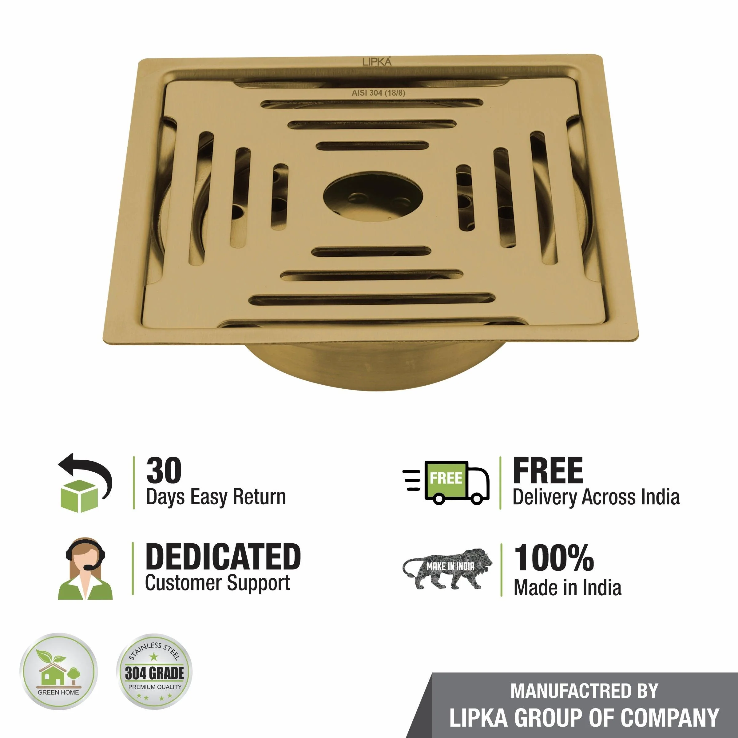 Green Exclusive Square Flat Cut Floor Drain in Yellow Gold PVD Coating (6 x 6 Inches) with Hole & Cockroach Trap - LIPKA - Image 5