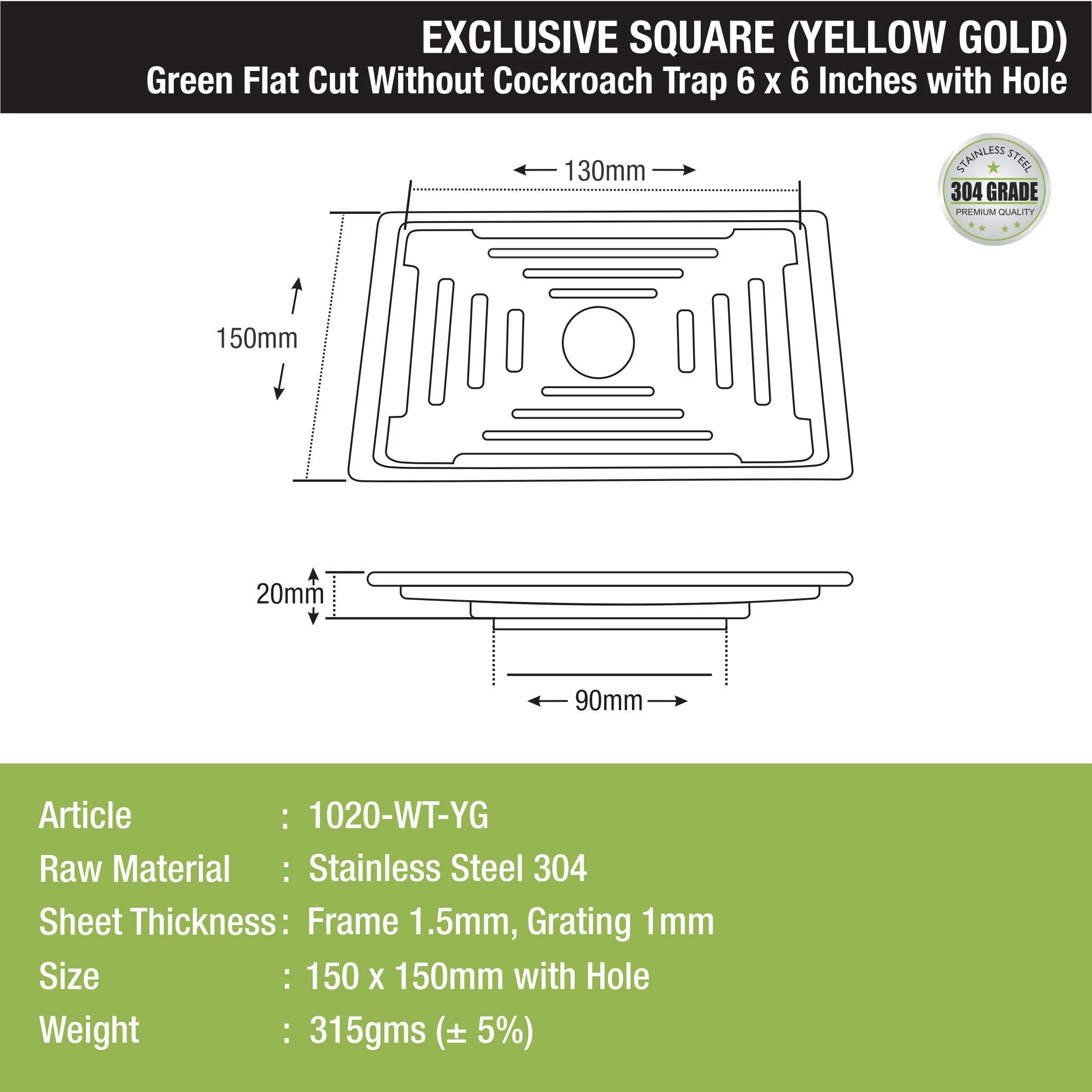 Green Exclusive Square Flat Cut Floor Drain in Yellow Gold PVD Coating (6 x 6 Inches) with Hole - LIPKA - Image 2