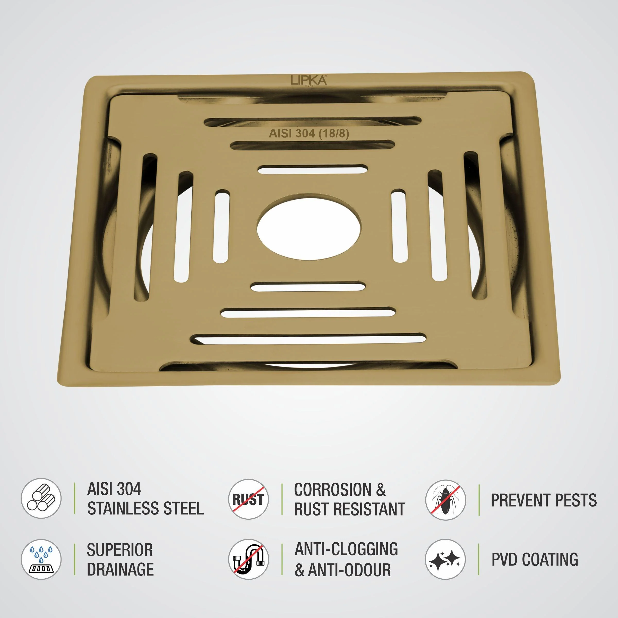 Green Exclusive Square Flat Cut Floor Drain in Yellow Gold PVD Coating (6 x 6 Inches) with Hole - LIPKA - Image 3
