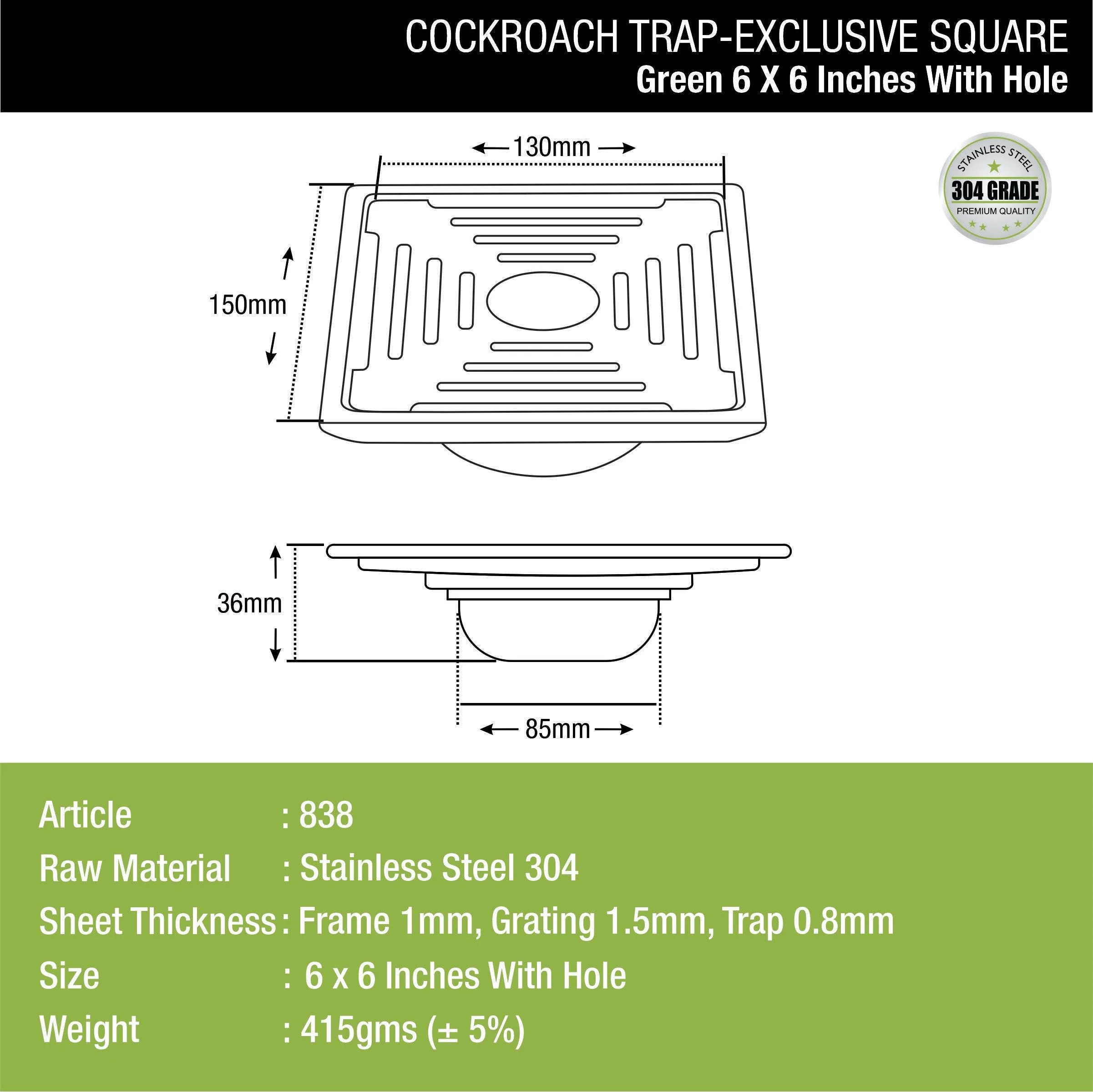 Green Exclusive Square Floor Drain (6 x 6 Inches) with Hole and Cockroach Trap - LIPKA - Image 2