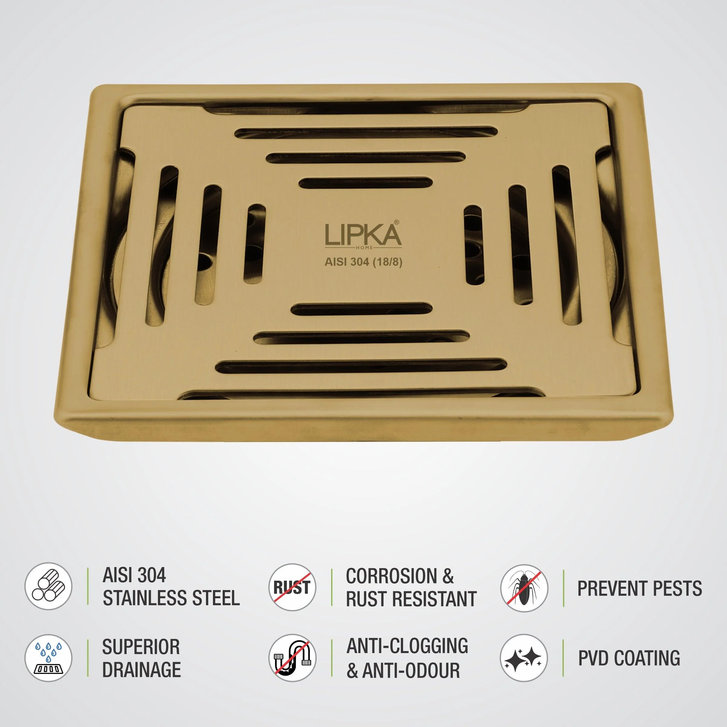 Green Exclusive Square Floor Drain in Yellow Gold PVD Coating (5 x 5 Inches) - LIPKA - Image 3