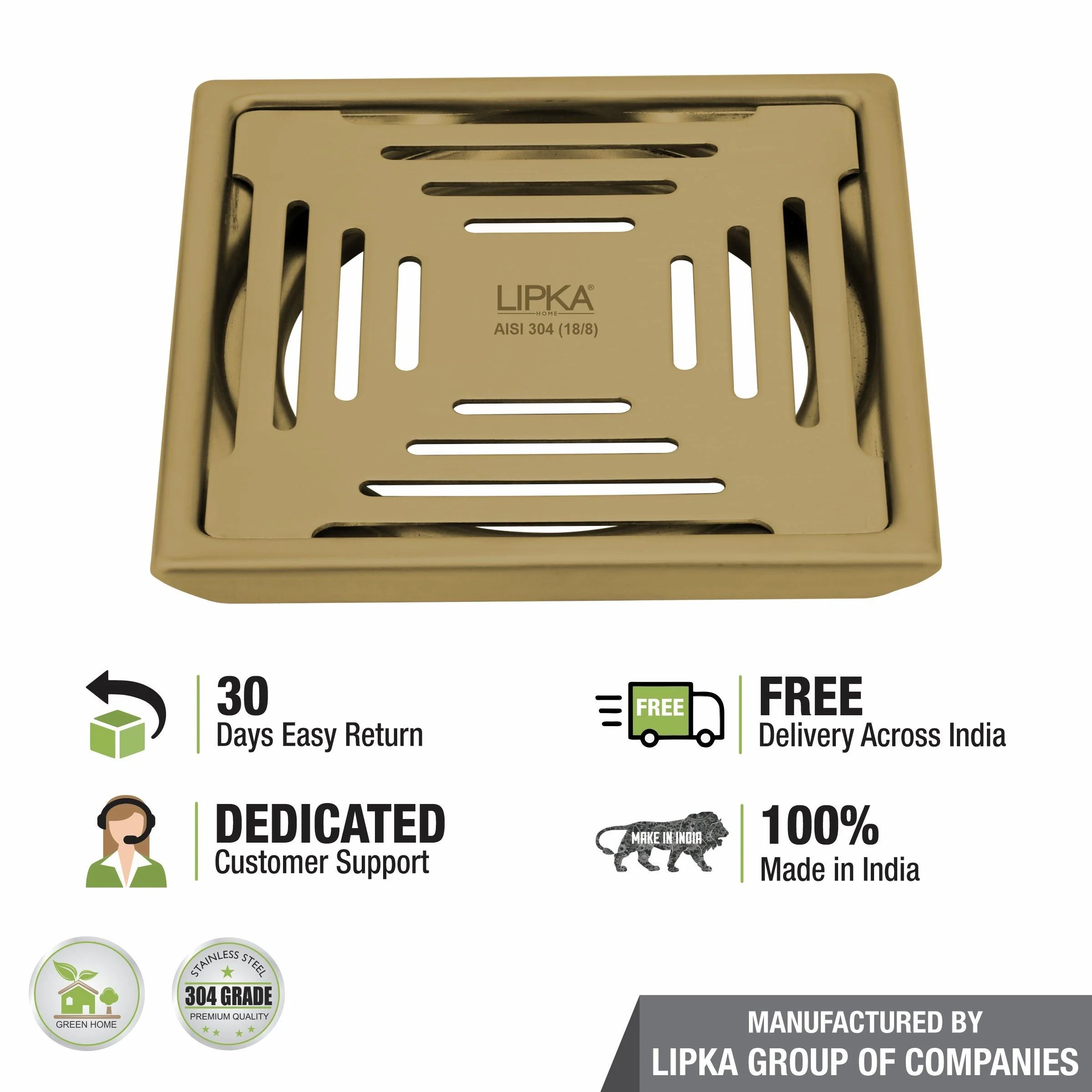 Green Exclusive Square Floor Drain in Yellow Gold PVD Coating (5 x 5 Inches) - LIPKA - Image 4
