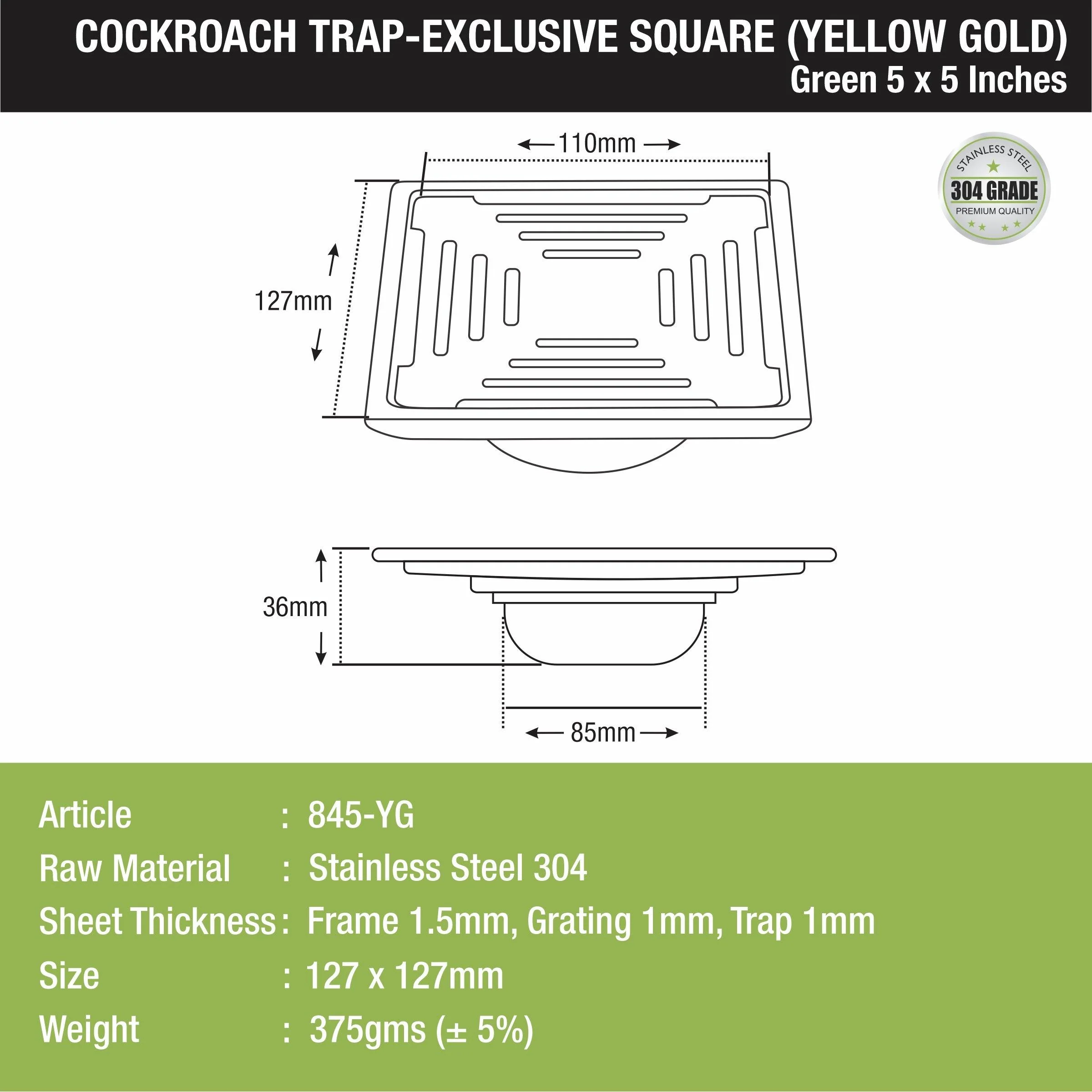 Green Exclusive Square Floor Drain in Yellow Gold PVD Coating (5 x 5 Inches) with Cockroach Trap - LIPKA - Image 2