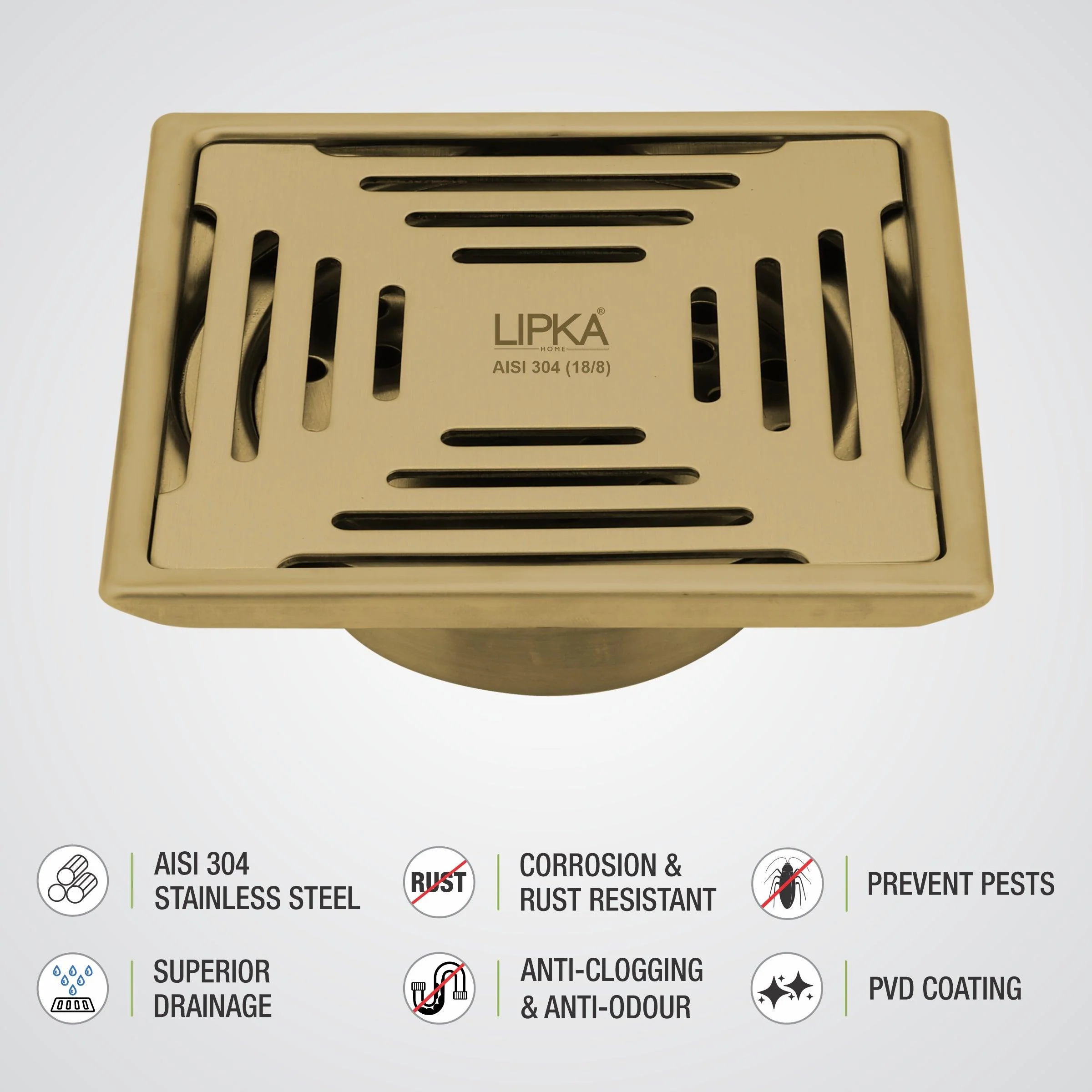 Green Exclusive Square Floor Drain in Yellow Gold PVD Coating (6 x 6 Inches) with Cockroach Trap - LIPKA - Image 4