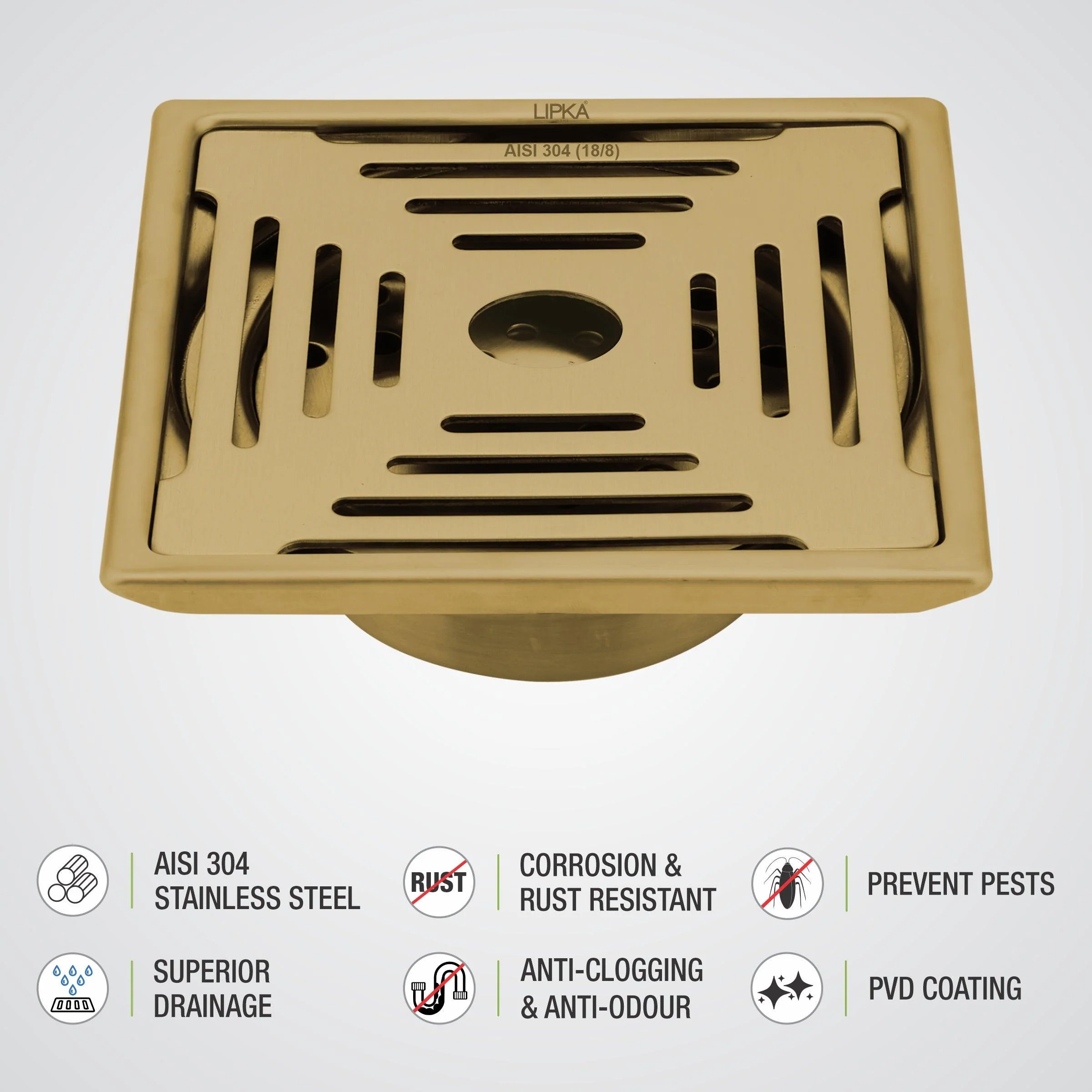 Green Exclusive Square Floor Drain in Yellow Gold PVD Coating (6 x 6 Inches) with Hole & Cockroach Trap - LIPKA - Image 3
