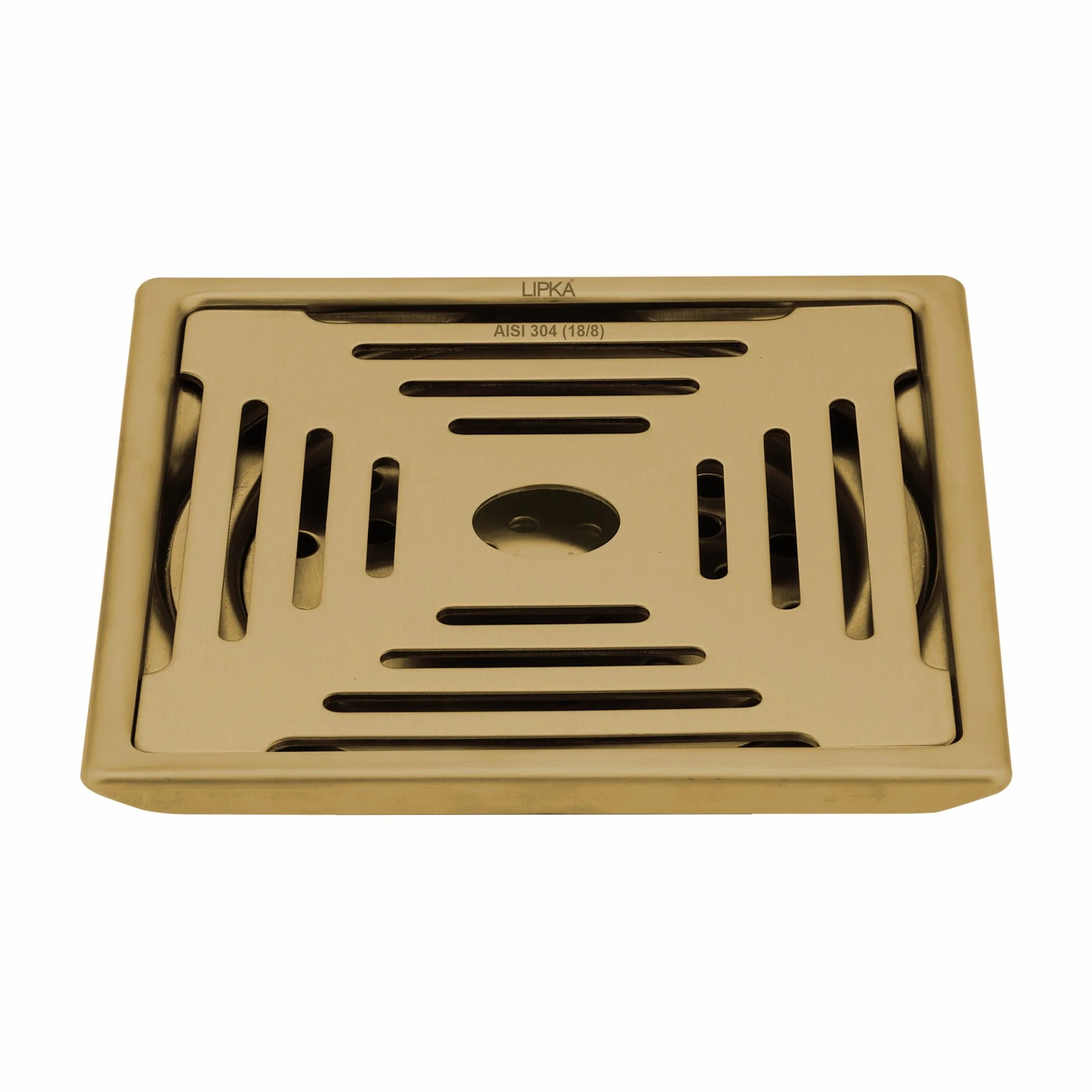 Green Exclusive Square Floor Drain in Yellow Gold PVD Coating (6 x 6 Inches) with Hole - LIPKA