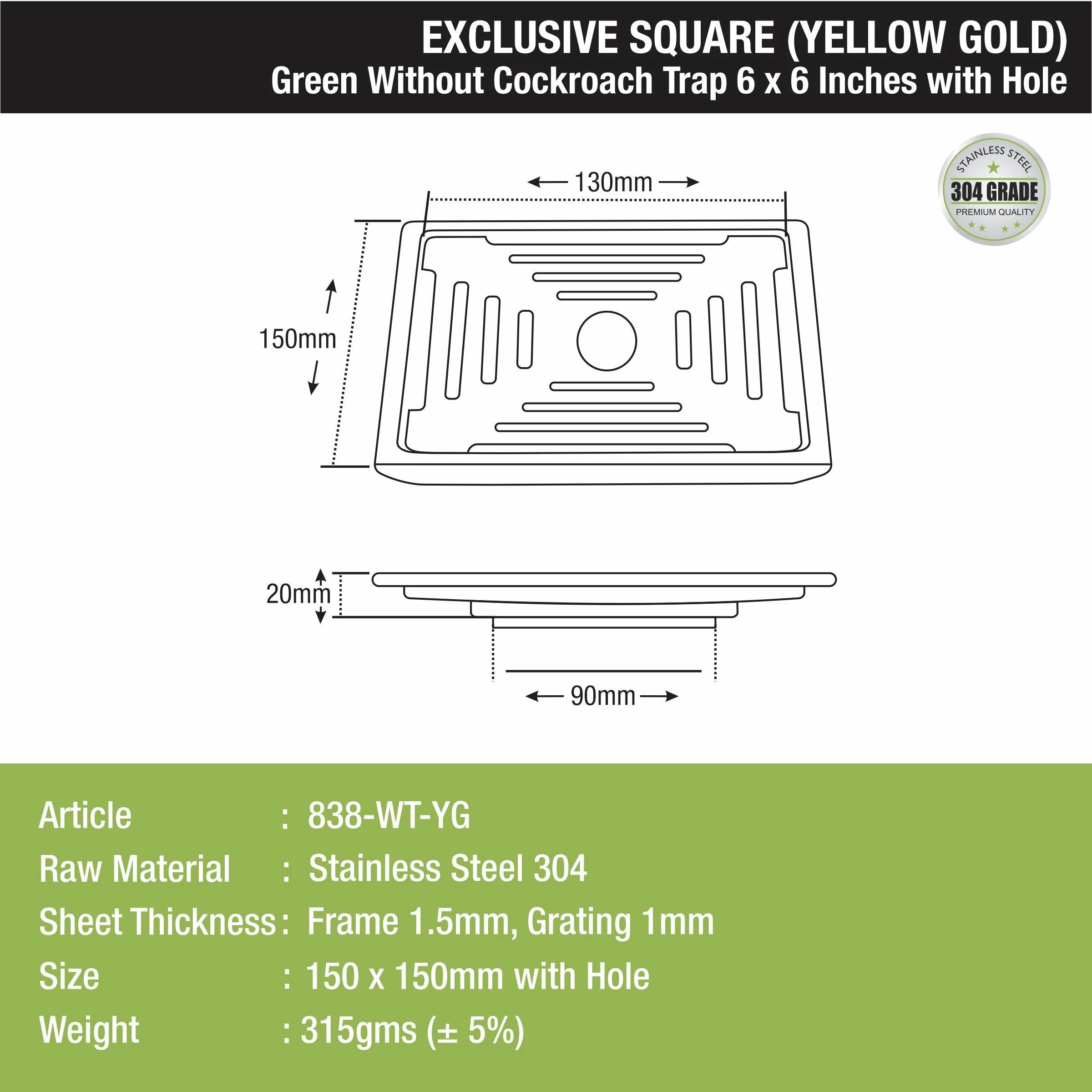 Green Exclusive Square Floor Drain in Yellow Gold PVD Coating (6 x 6 Inches) with Hole - LIPKA - Image 2