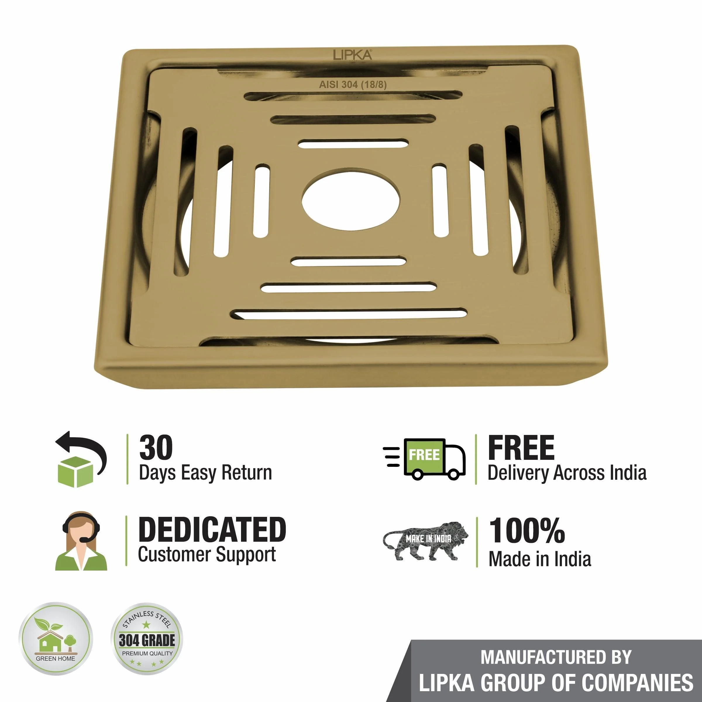 Green Exclusive Square Floor Drain in Yellow Gold PVD Coating (6 x 6 Inches) with Hole - LIPKA - Image 4