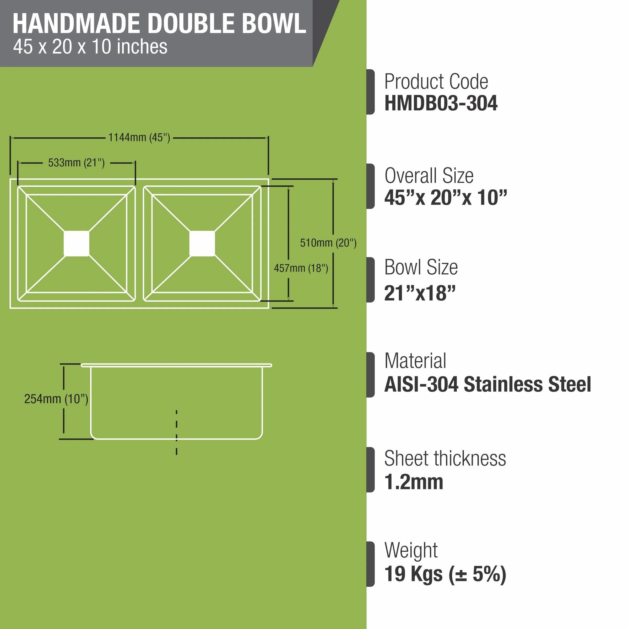 Handmade Double Bowl 304-Grade Kitchen Sink (45 x 20 x 10 Inches) - LIPKA - Image 3