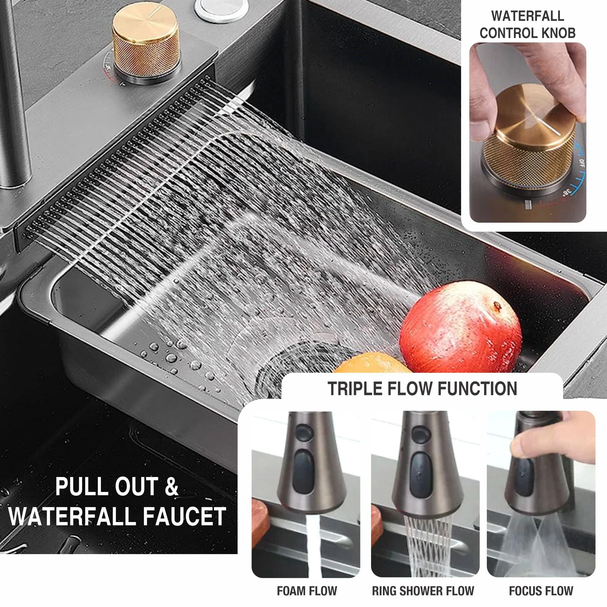 Handmade Nano Waterfall Kitchen Sink (30 x 18 x 9 inches) with Pull-out Mixer Faucet & RO Tap - LIPKA - Image 3