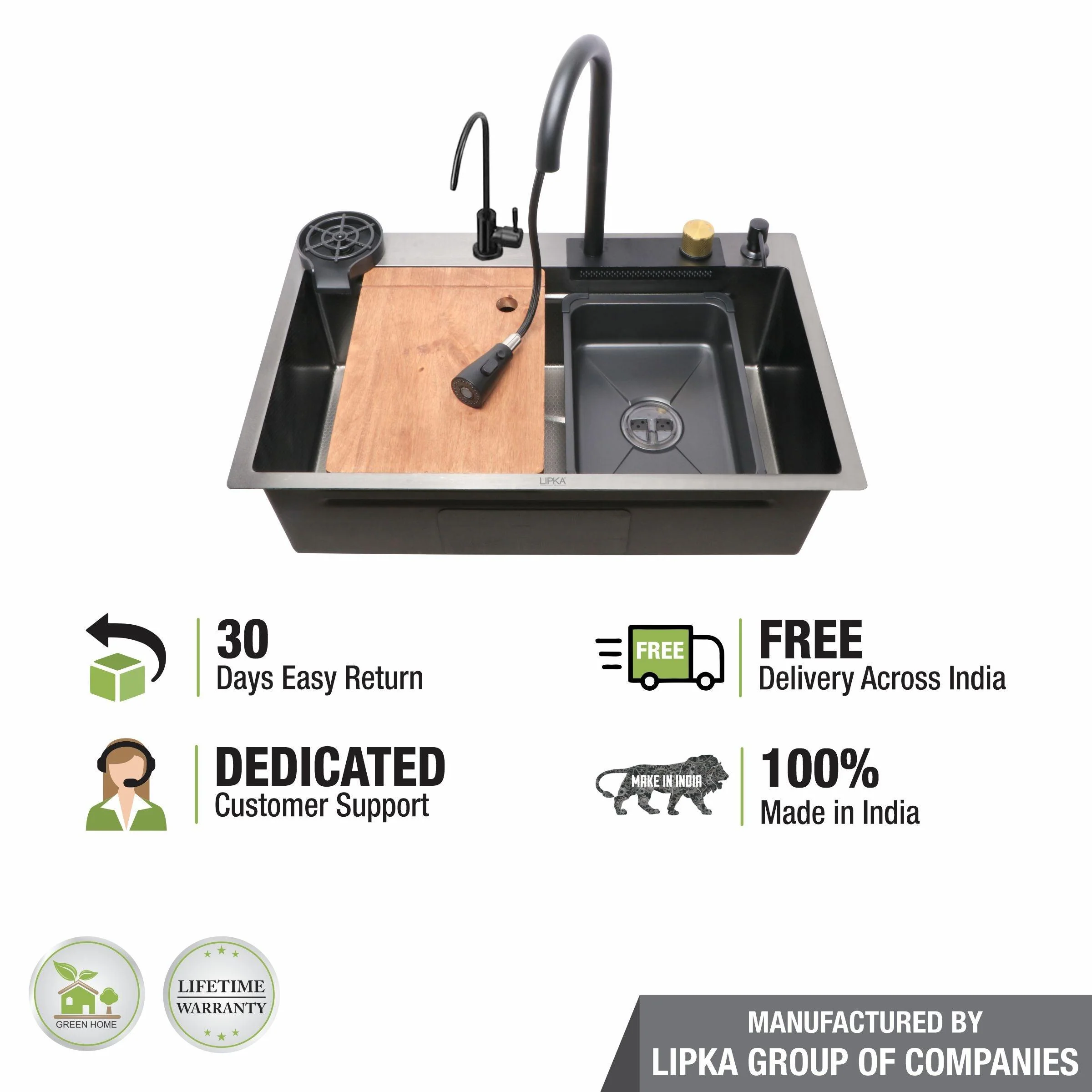 Handmade Nano Waterfall Kitchen Sink (30 x 18 x 9 inches) with Pull-out Mixer Faucet & RO Tap - LIPKA - Image 7