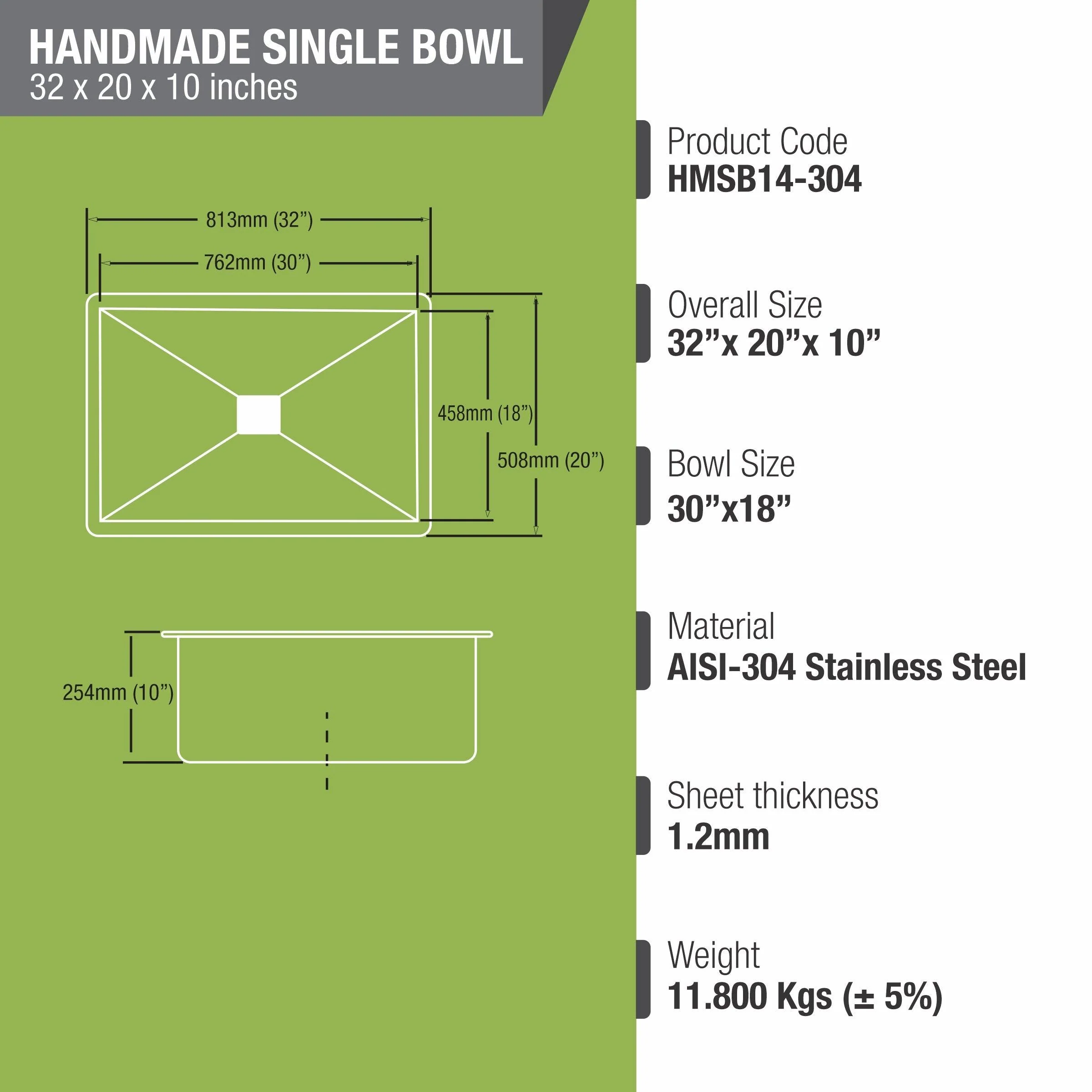 Handmade Single Bowl 304-Grade Kitchen Sink (32 x 20 x 10 Inches) - LIPKA - Image 3