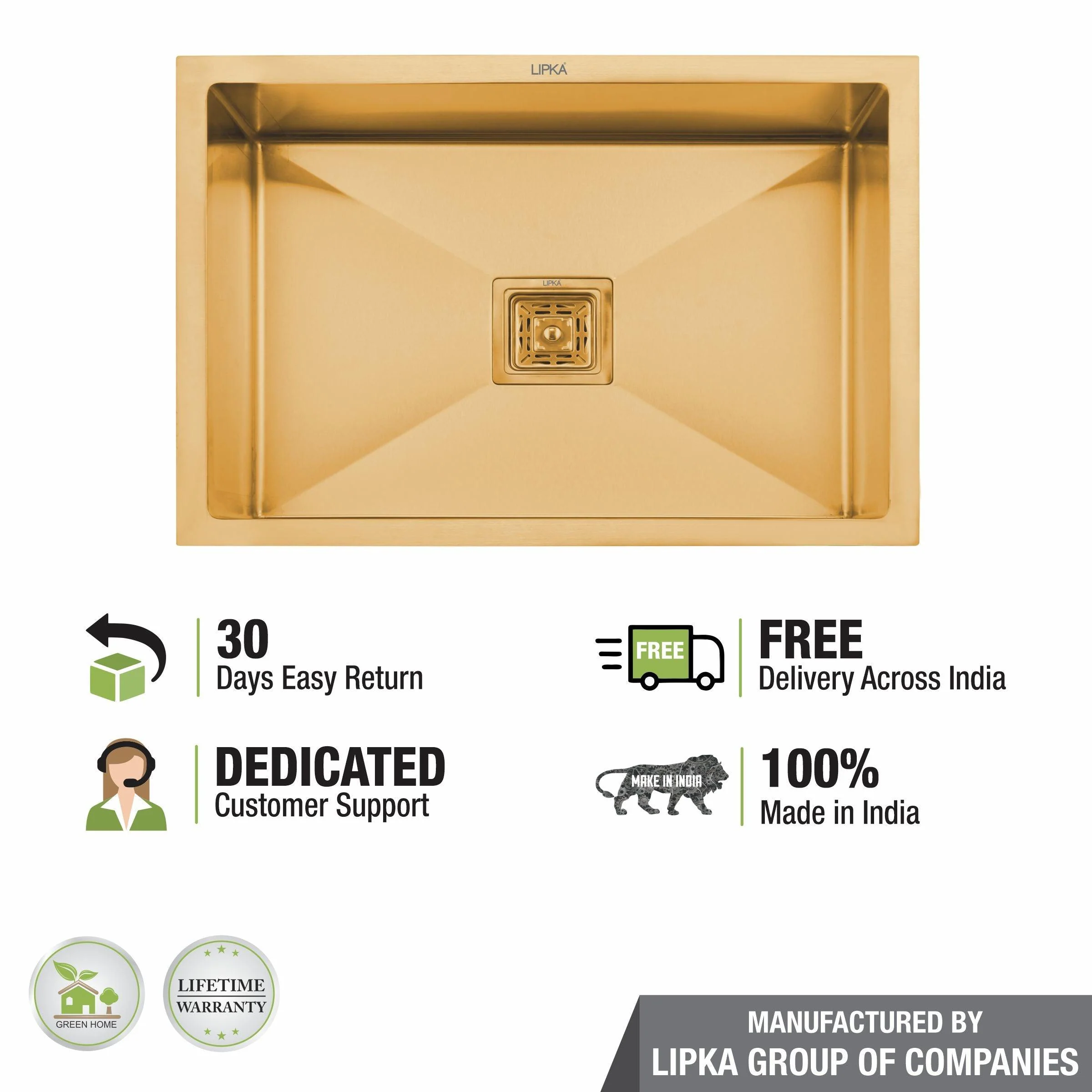 Handmade Yellow Gold PVD Coated Single Bowl Kitchen Sink (24 x 18 x 10 Inches) - LIPKA - Image 6