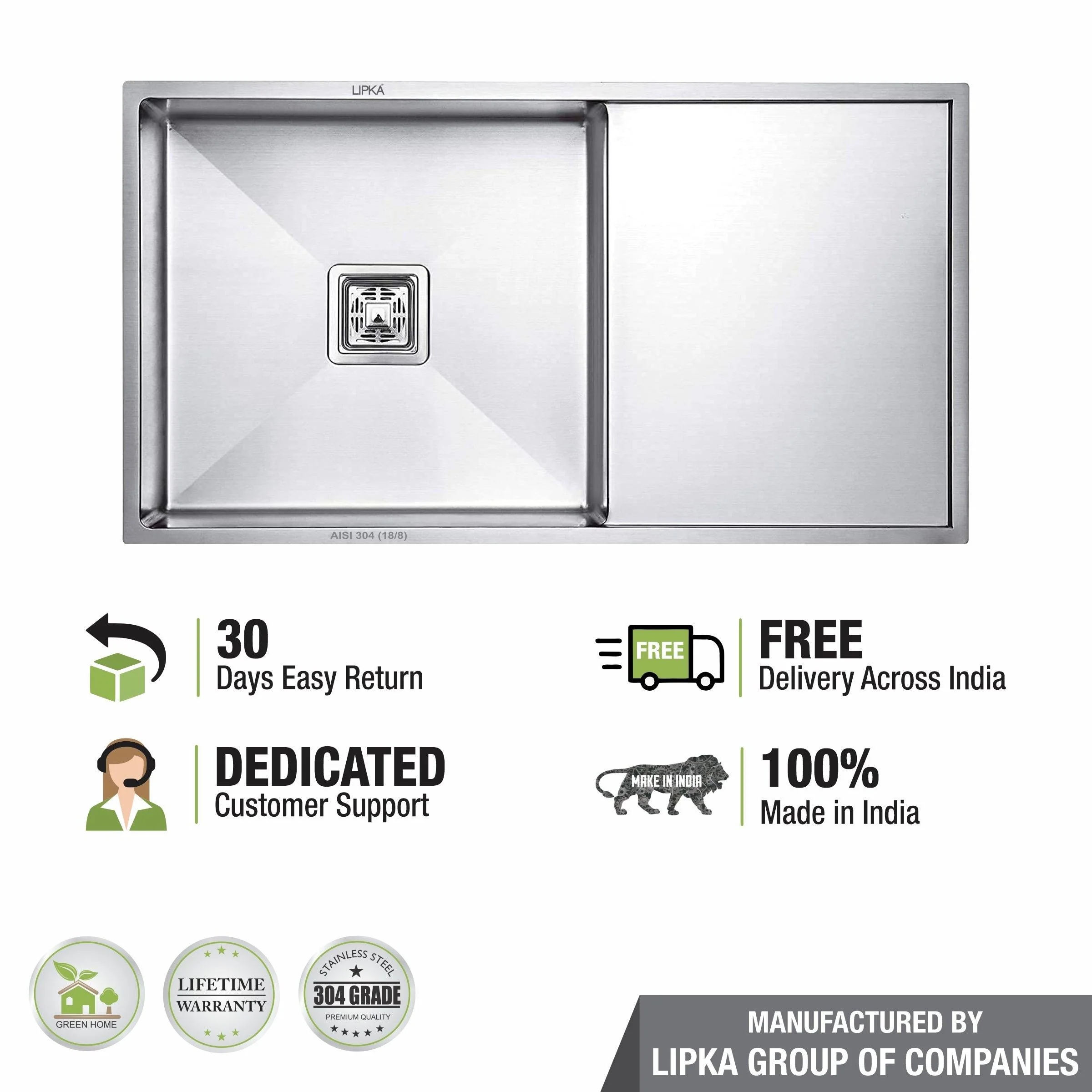 Handmade Single Bowl 304-Grade Kitchen Sink with Drainboard (45 x 20 x 10 Inches) - LIPKA - Image 6