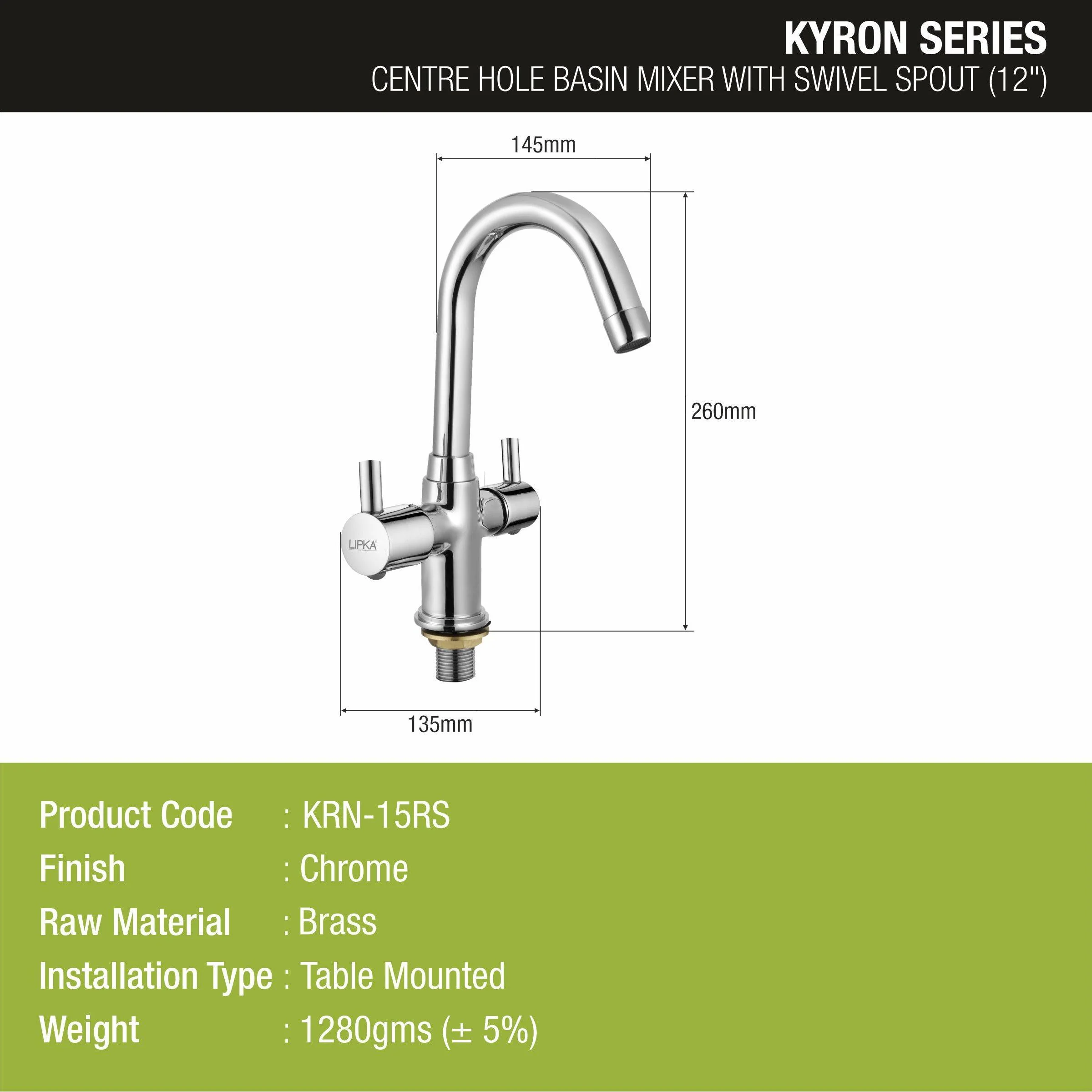 Kyron Centre Hole Basin Mixer Brass Faucet with Round Swivel Spout (12 Inches) - LIPKA - Image 2