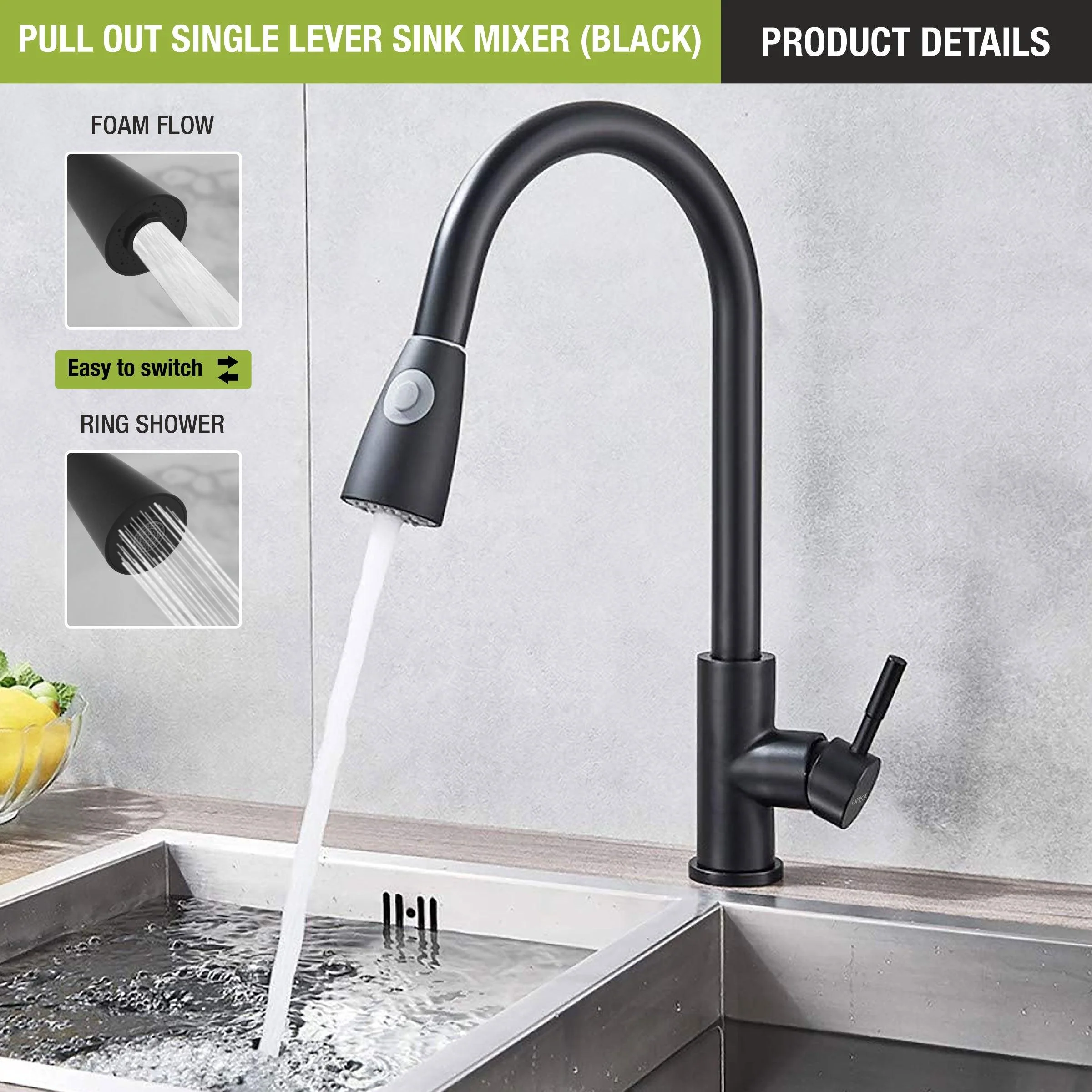 Kyron Single Lever 304-Grade Pull-out Mixer Faucet with Swivel Spout & Dual Flow (Black) - LIPKA - Image 4