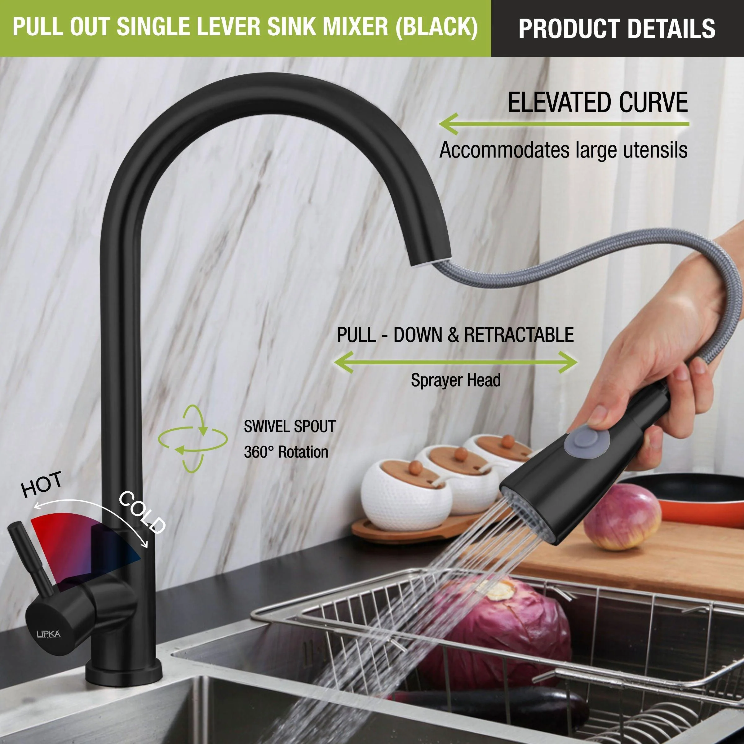 Kyron Single Lever 304-Grade Pull-out Mixer Faucet with Swivel Spout & Dual Flow (Black) - LIPKA - Image 5