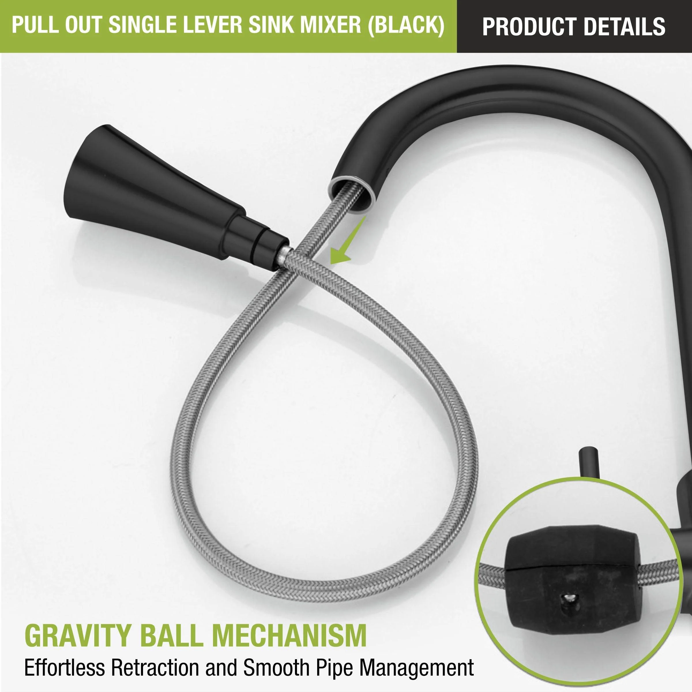 Kyron Single Lever 304-Grade Pull-out Mixer Faucet with Swivel Spout & Dual Flow (Black) - LIPKA - Image 7