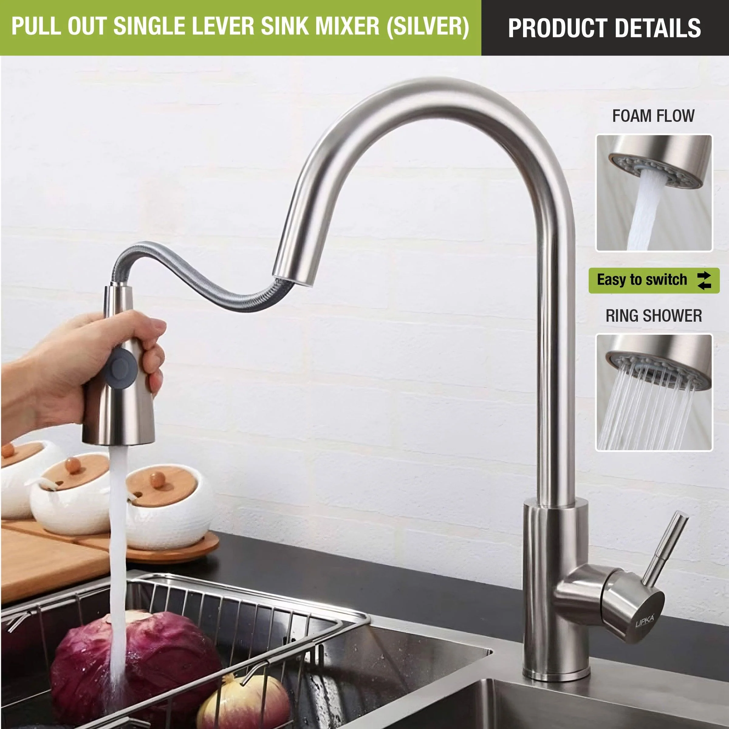 Kyron Single Lever 304-Grade Pull-out Mixer Faucet with Swivel Spout & Dual Flow (Silver) - LIPKA - Image 5