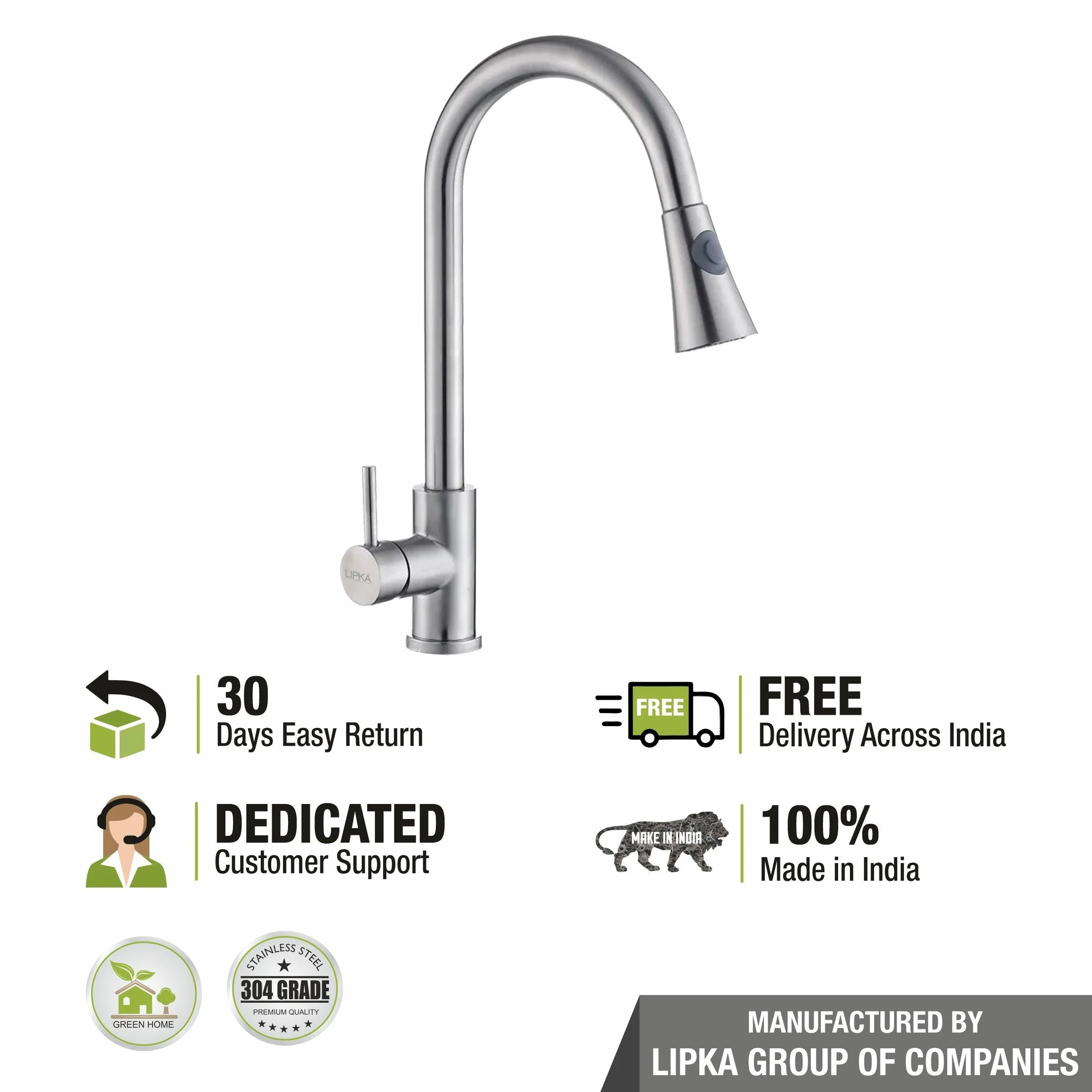 Kyron Single Lever 304-Grade Pull-out Mixer Faucet with Swivel Spout & Dual Flow (Silver) - LIPKA - Image 6