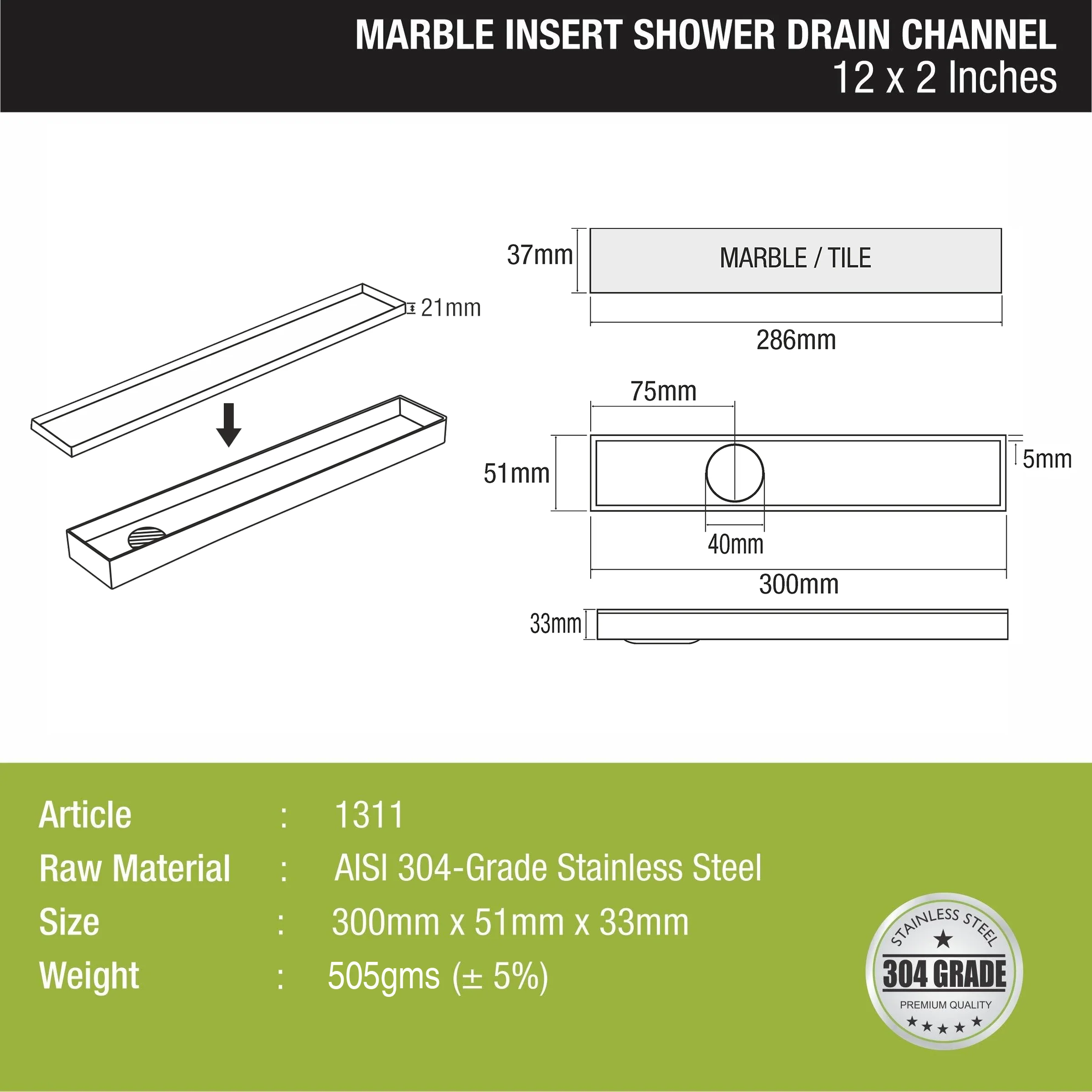 Marble Insert Shower Drain Channel (12 x 2 Inches) - LIPKA - Image 2