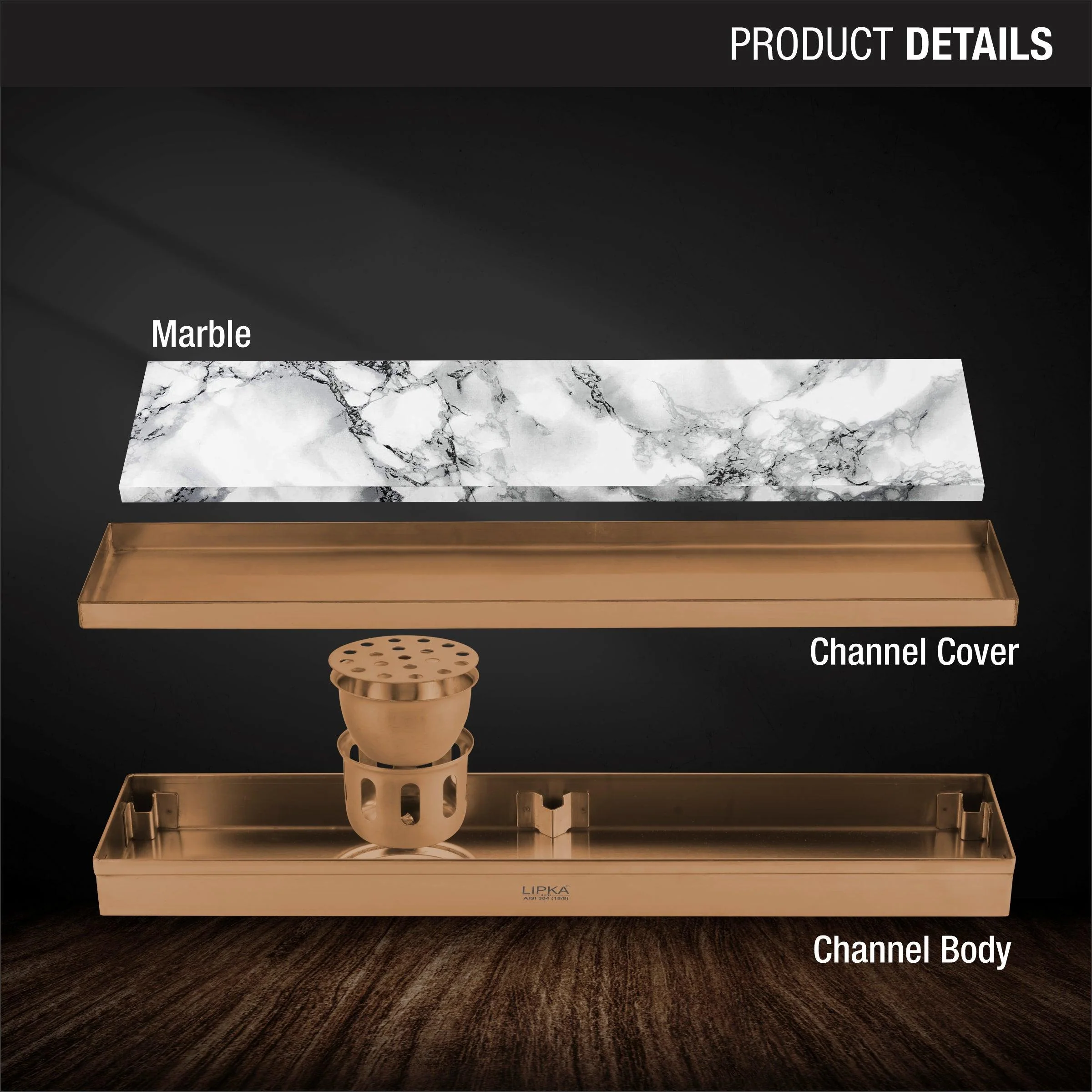 Marble Insert Shower Drain Channel - Antique Copper (24 x 4 Inches) - LIPKA - Image 3
