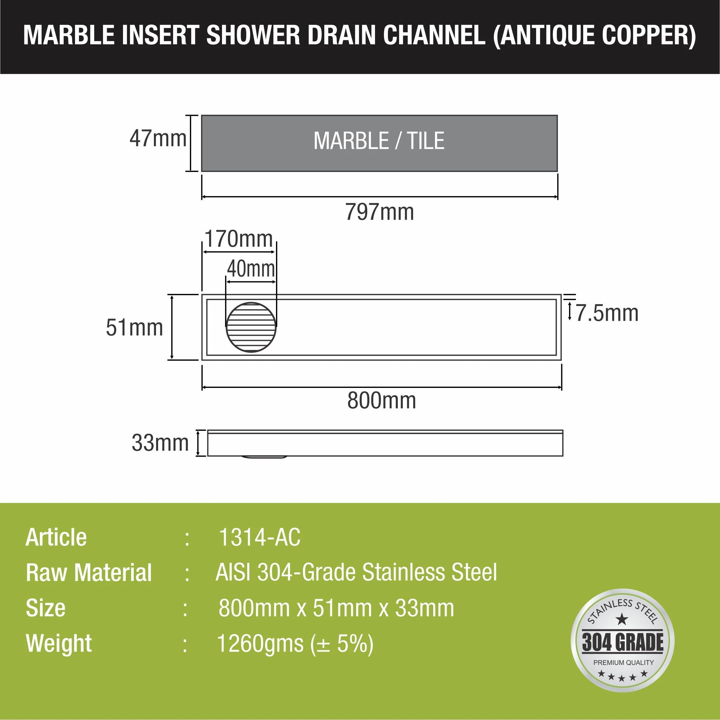 Marble Insert Shower Drain Channel - Antique Copper (32 x 2 Inches) - LIPKA - Image 2
