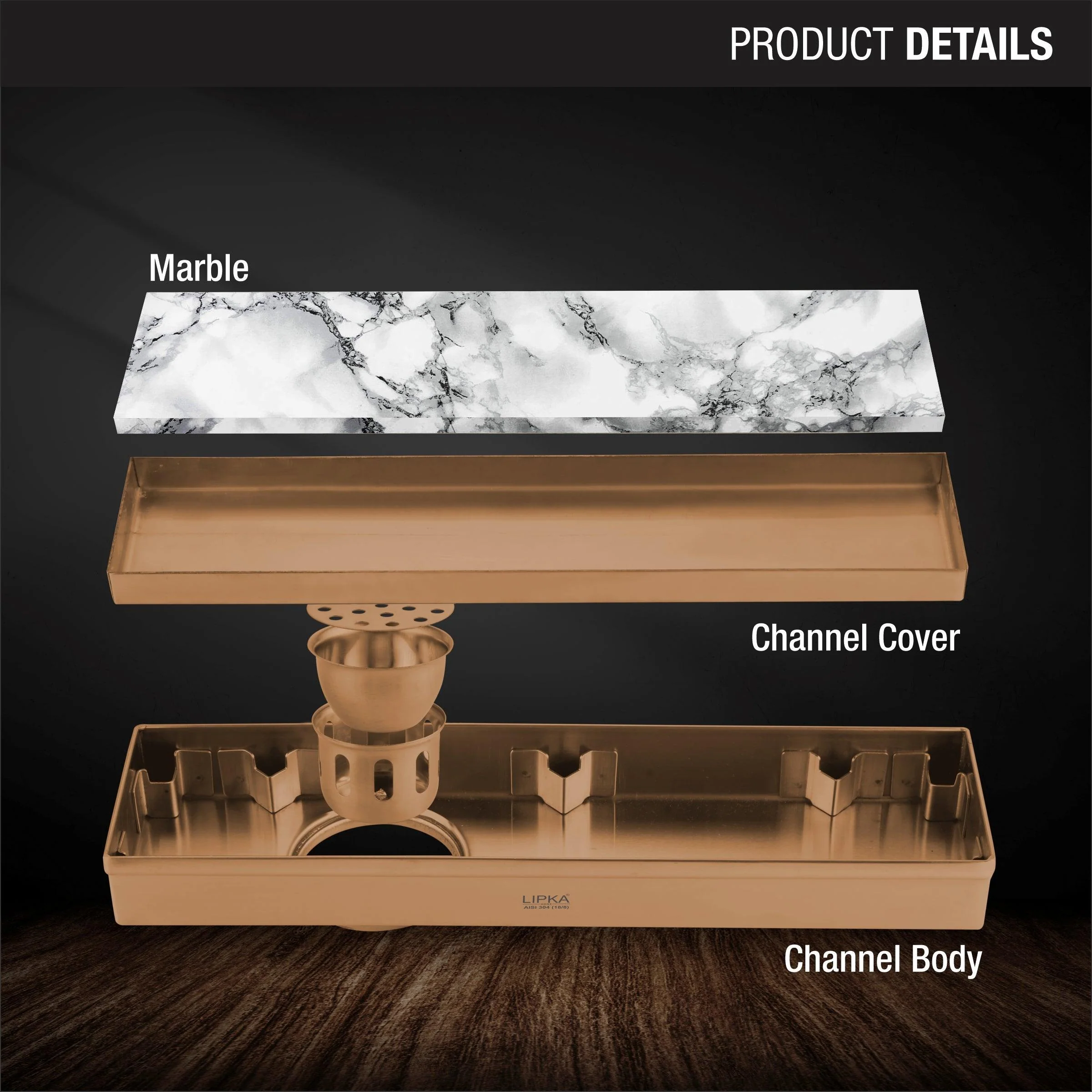 Marble Insert Shower Drain Channel - Antique Copper (32 x 3 Inches) - LIPKA - Image 3